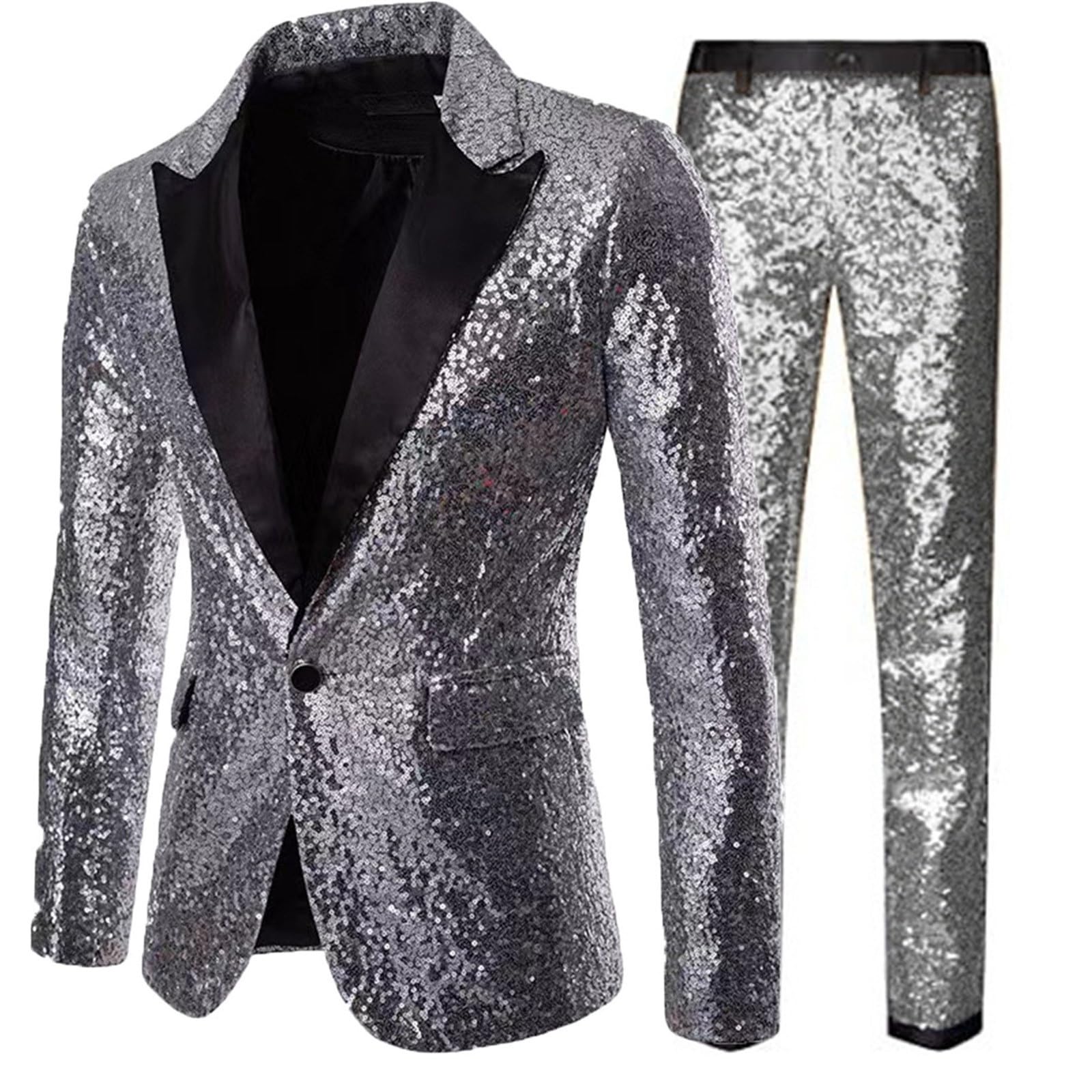 Set completo da uomo con paillettes | smoking pantaloni con giacca a bottone singolo | matrimonio, danza & estate, abito da sposa elegante Slim Fit (vestibilità corpo sottile)