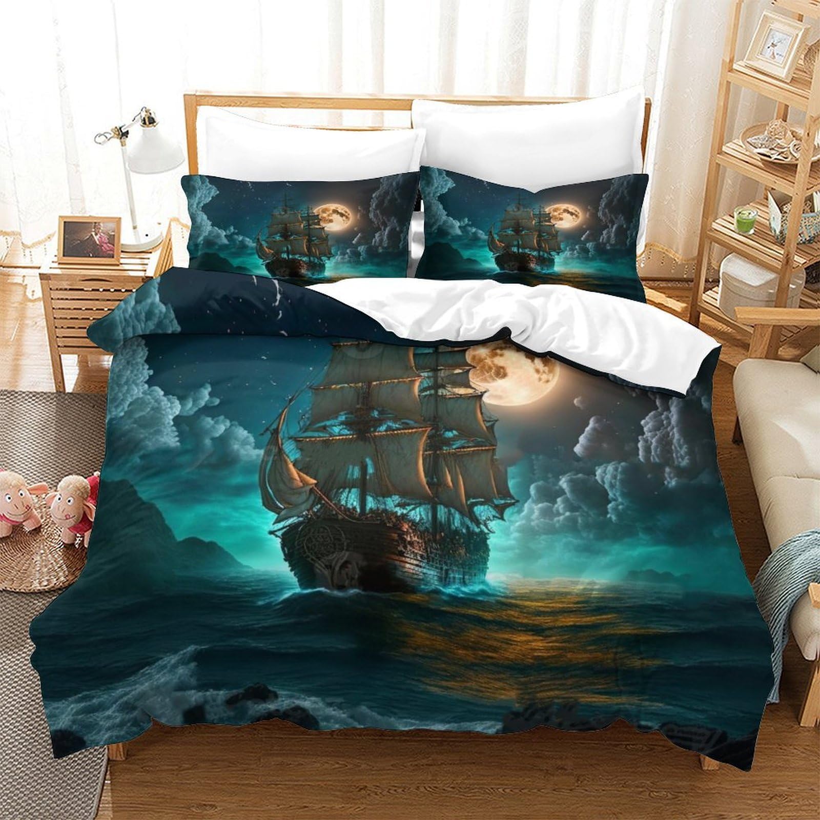 Xiaopangxy Boys Pirate Boat 3D Pattern Comforter Cover, Soft Sailboat Full Moon Duvet Cover Double（200X200cm） With Pillowcase, Cozy Bed-Sets, Luxe Bedding Set For Kids Teens Adults