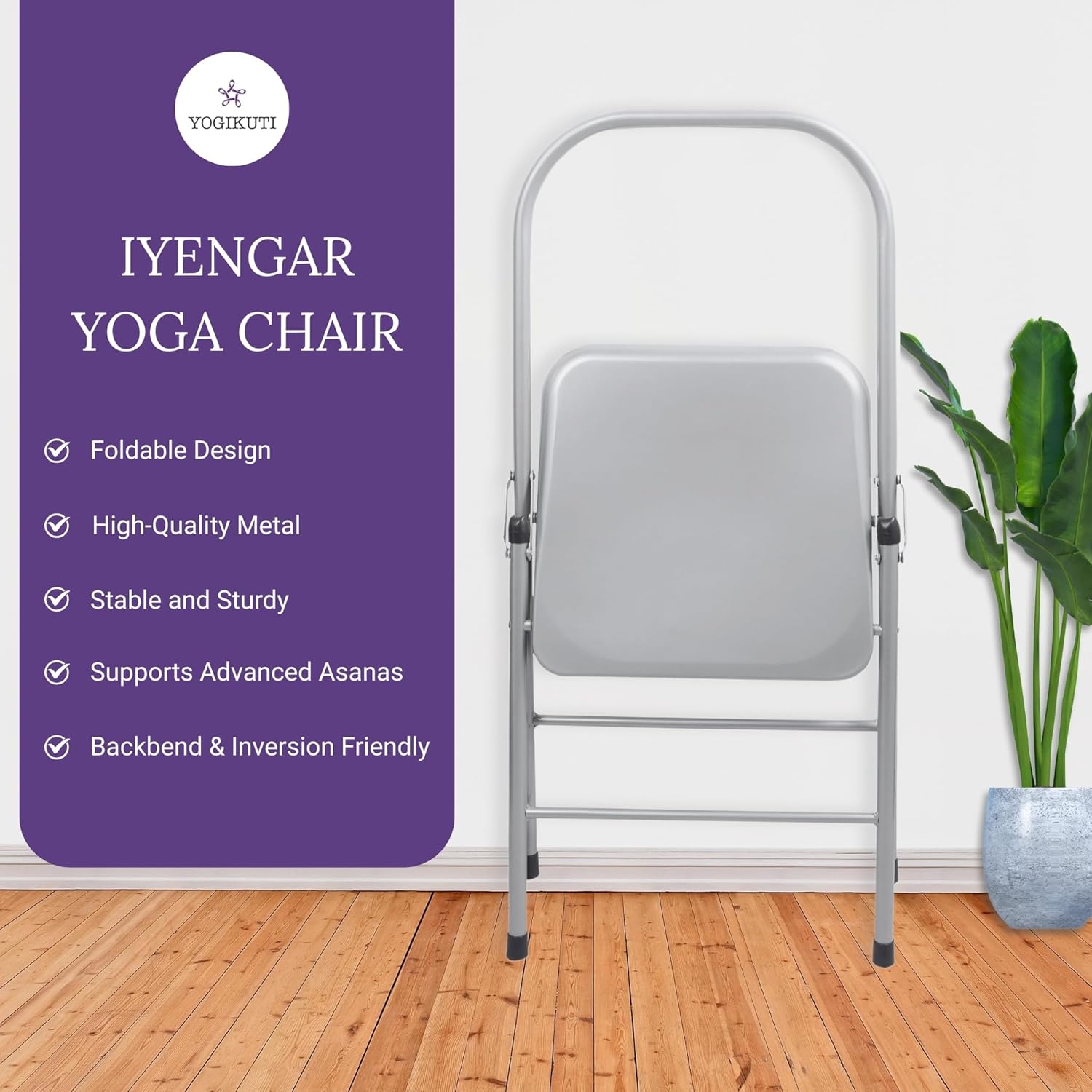 Yogikuti Yoga Chair (Standard), Backless/Folding Chair, Best for Restorative & Iyengar Yoga Practice, Meditation/Fitness -Silver