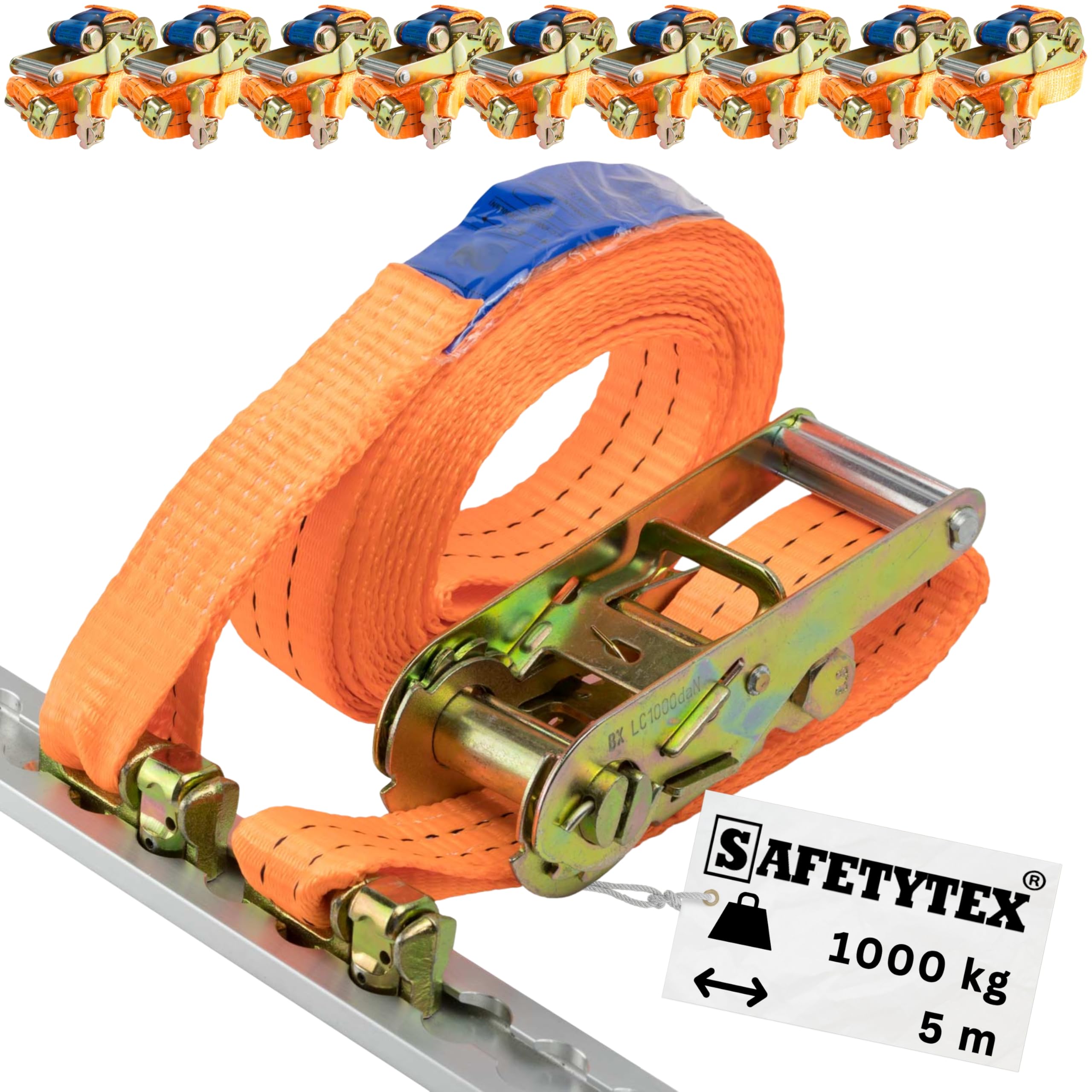 Safetytex Spanngurt Doppelfitting Airlineschiene 35mm 5m 1000kg | 2-teiliger Ratschengurt mit hoher Tragkraft für Zurrschienen, hochfeste Ladungssicherung und sicheren Transport