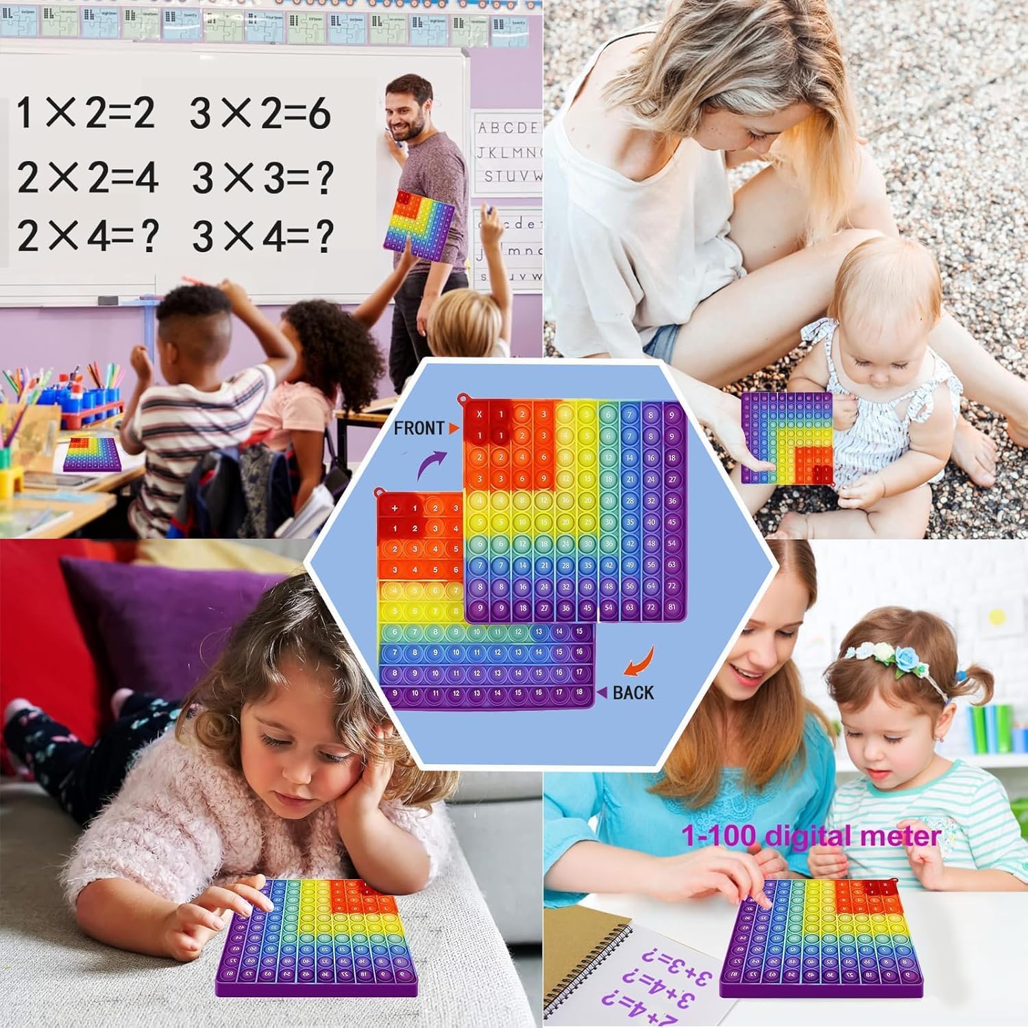 JOZMMZEOOA Pop It 20x20cm 2in1 Sensory Spielzeug | Regenbogen Popit Mit Multiplikationstabelle