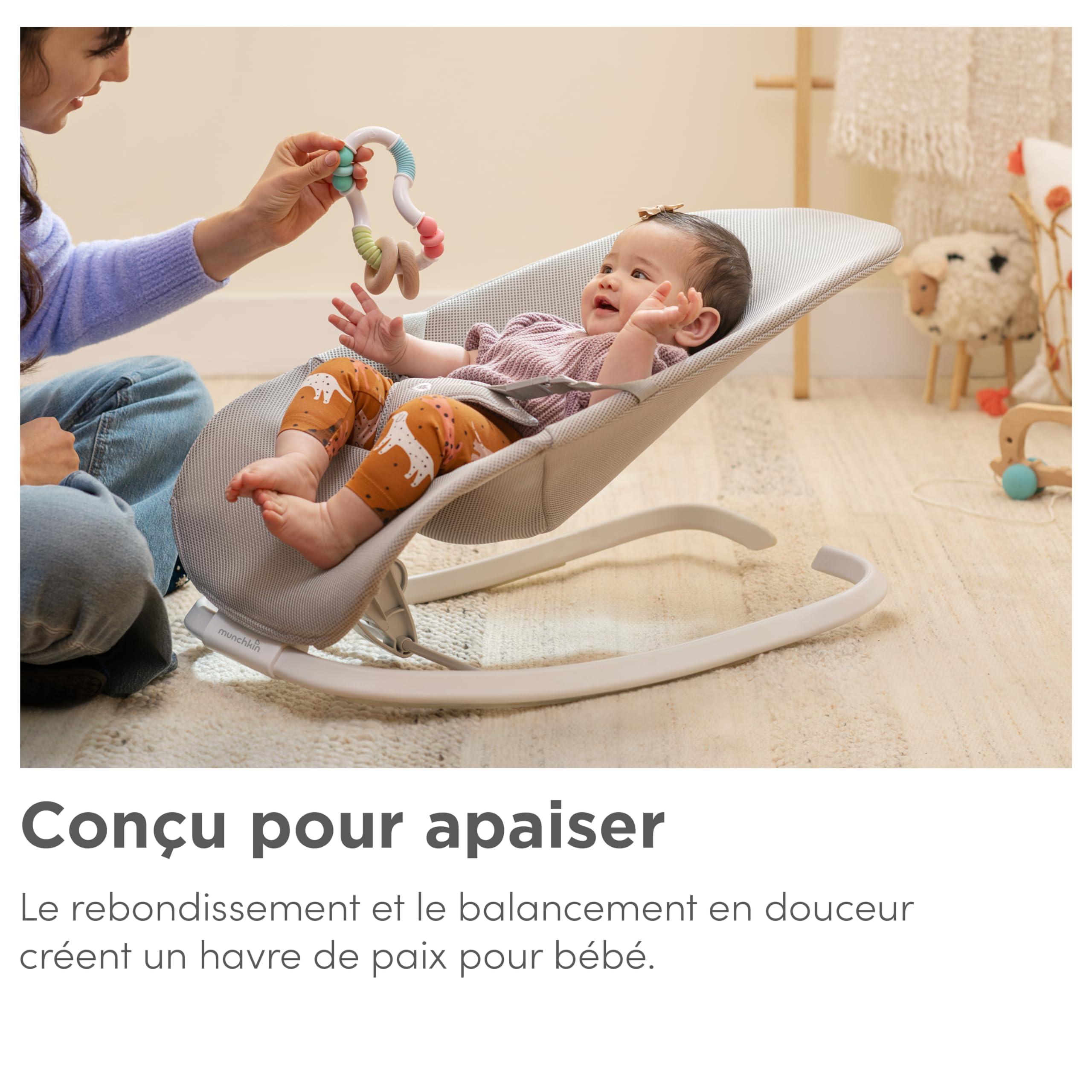 Munchkin Bascule & Rocker Printemps 2-en-1 | Balancelle Bébé avec 3 Positions de Repli | Bascule Dès la Naissance, Se Plie à Plat pour un Rangement et Voyage Facile | Indispensable Bébé | Gris