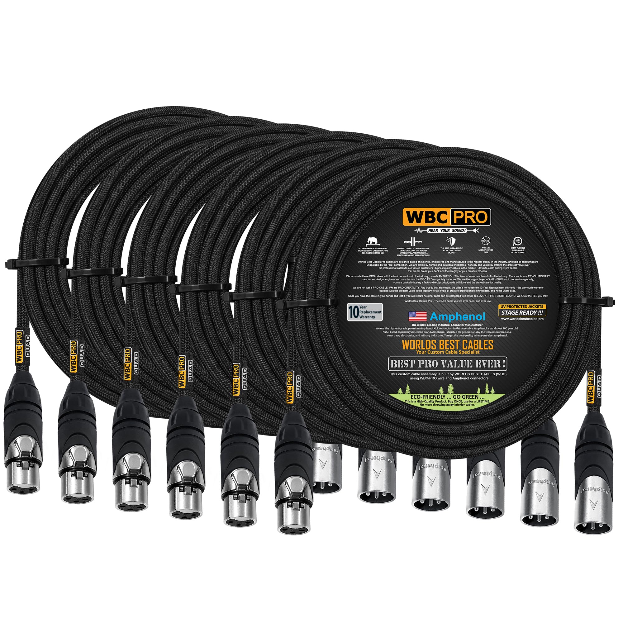 6 Units - 25 Foot - WBC-PRO-Quad Ultra-Silent Ultra-Flexible Balanced Star-Quad Cable with Amphenol Male & Female XLR Plugs & Black Tweed Jacket