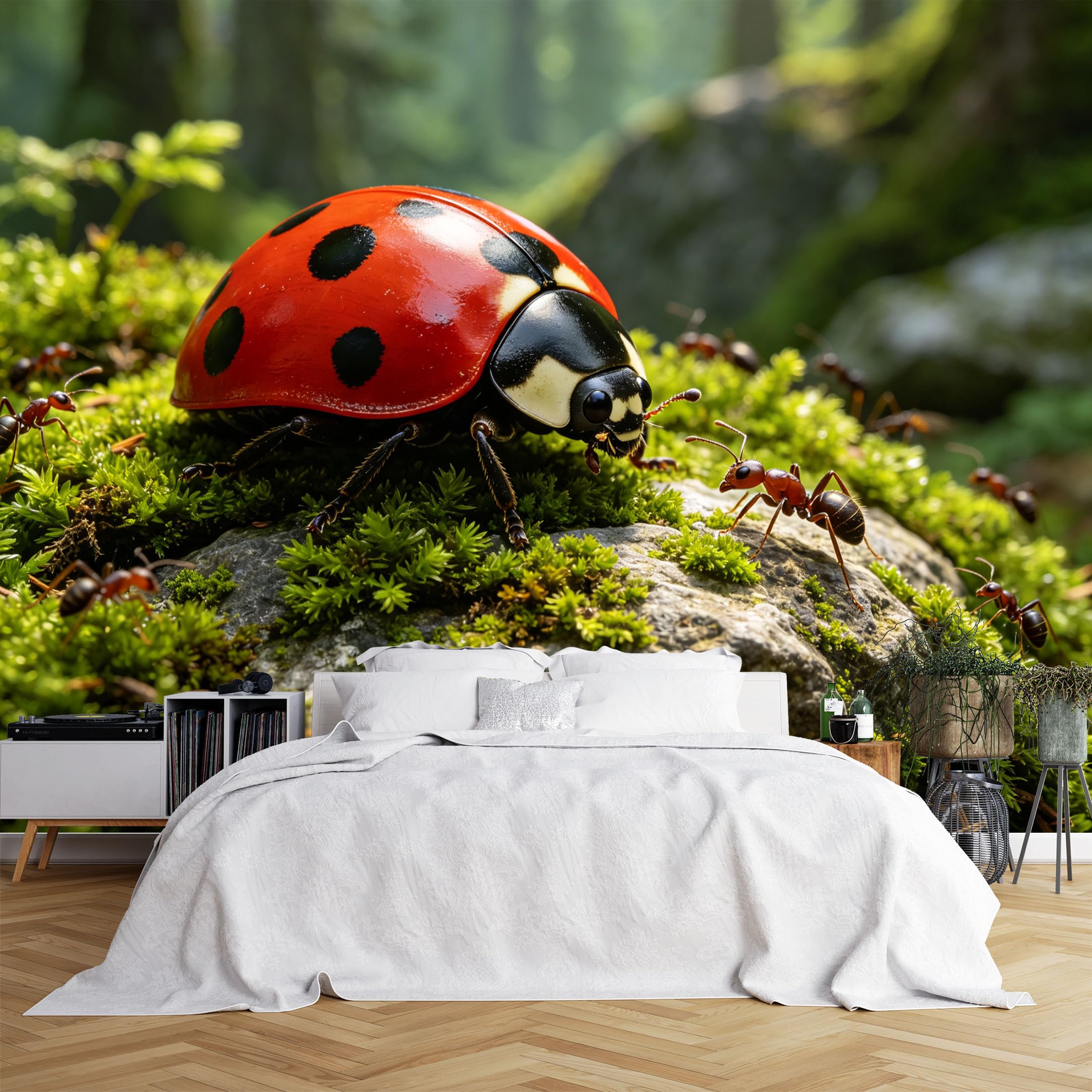 Lcythiazole Ch260615224 Custom Size Wall Murals Moss Rock Ladybug Ant Nature Wall Murals Self-Adhesive Wall Fabric (No Pvc) Removable Wallpaper For Entryway Bathroom