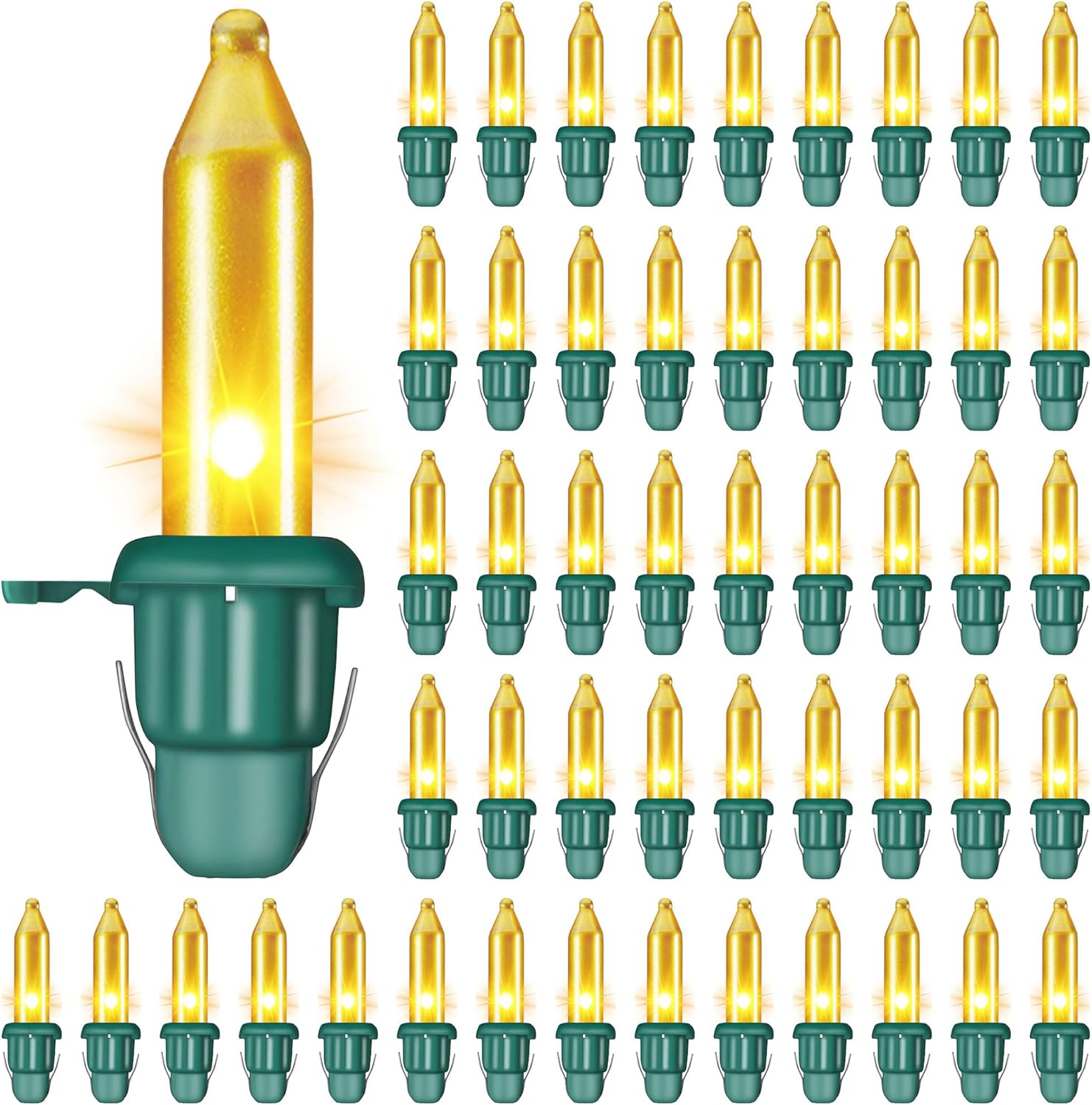 50 Pcs Twinkle Christmas Tree Light Replacement Bulbs, 2.5 Volt Incandescent Christmas Tree String Bulbs with Base for Indoor Outdoor Xmas Decor (Gold Light,Green Base)