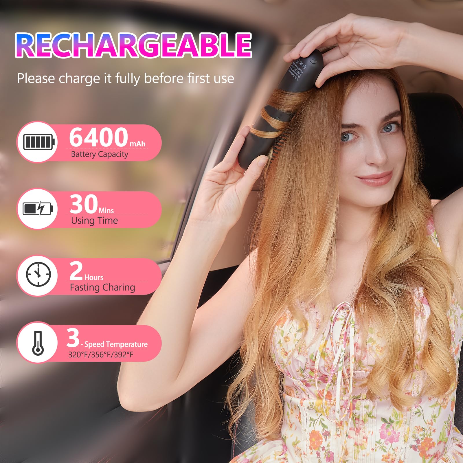 Rizador de pelo inalámbrico con pantalla LCD 2 en 1, mini cepillo portátil para alisar el cabello para viajes, iónico negativo, calentamiento rápido, peine caliente para mujeres, cepillo 6