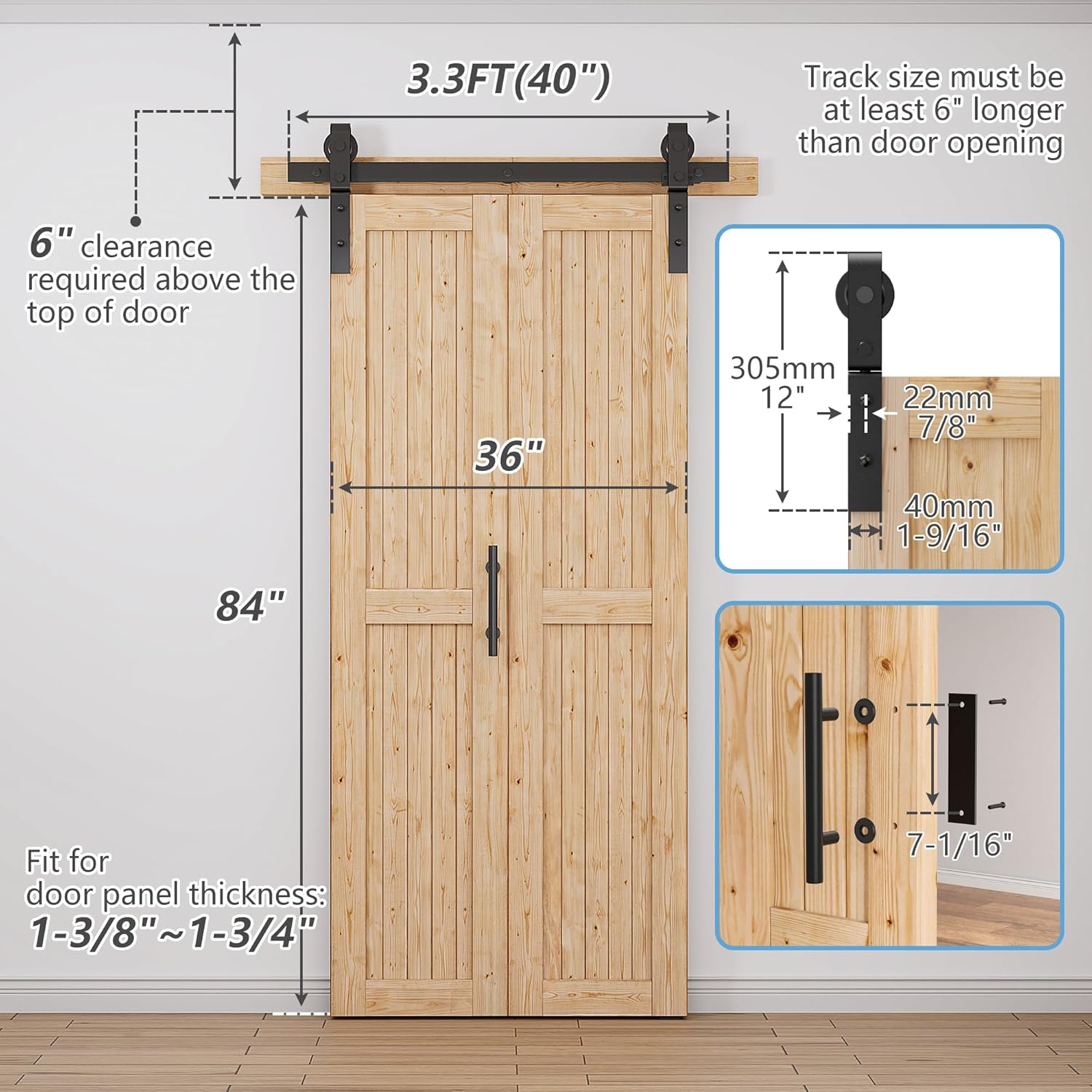 36"x84" No-Assembly Bi fold Barn Door, with 40" Bifold Barn Door Hardware Kit for 2 Doors, Unfinished Solid Spruce Wood Panel, Pre-Drilled and Assembled，Including Handle and Pulls