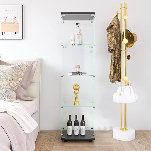 Miniatura 5 de CISURCPI Vitrina de cristal con 4 estantes con puerta y cerradura, estilo Curio mejorado, de instalación rápida, 0.197 in, estante de pie de vidrio