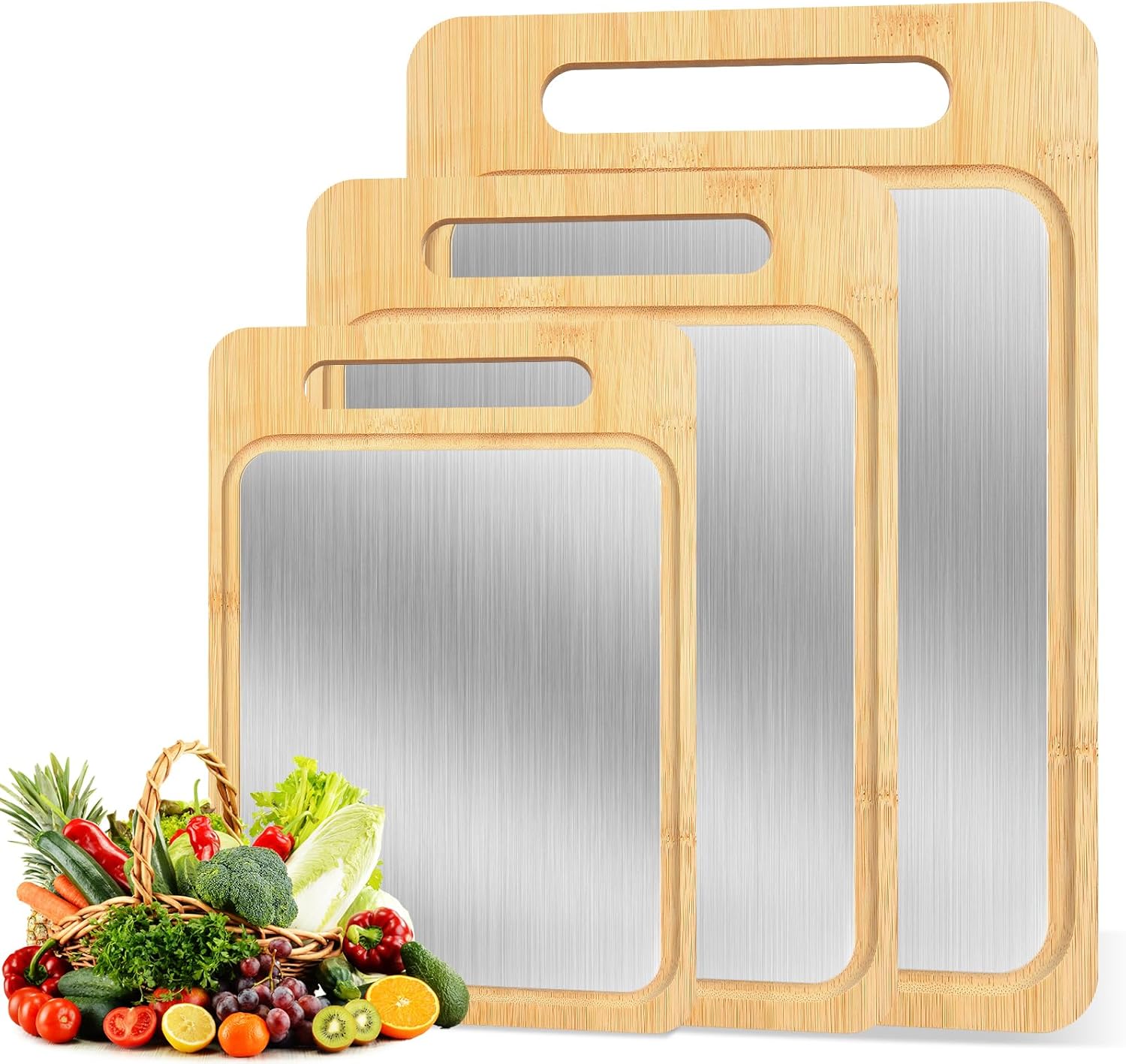 3PCS Bamboo & Titanium Cutting Board Set – Double-Sided, Durable Chopping Boards for Kitchen Prep – Includes Handles, 3 Sizes for Vegetables, Fruits, Cheese & More