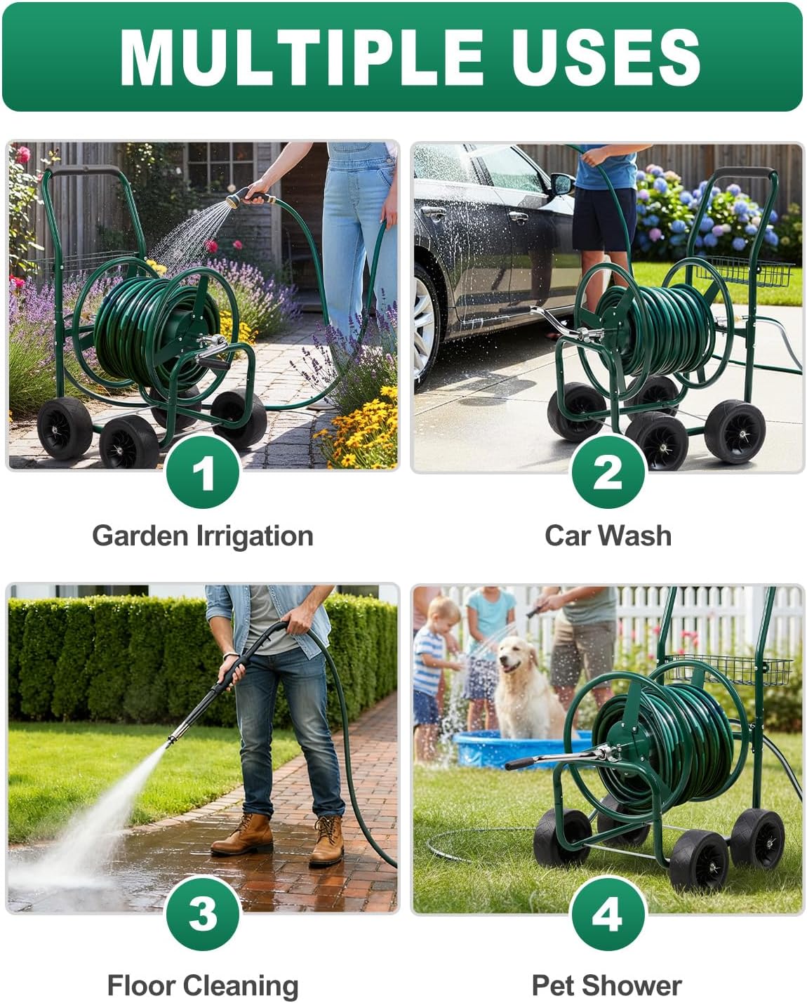 Outvita Garden Hose Reel Cart, Heavy Duty Water Hose Cart for Outside, Lawn Watering, for Garden, Yard, Lawn, Farm, Hold Up to 250 ft of 5/8’’ Hose, 4 PU Wheels, Storage Basket (Green)