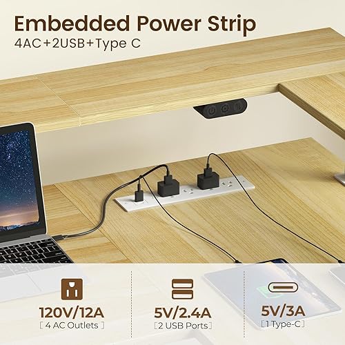 Miniatura 5 de Rolanstar L Shaped Standing Desk with Keyboard Tray, Height Adjustable Corner Desk with LED Light & Power Outlet, Electric Sit Stand Computer Desk