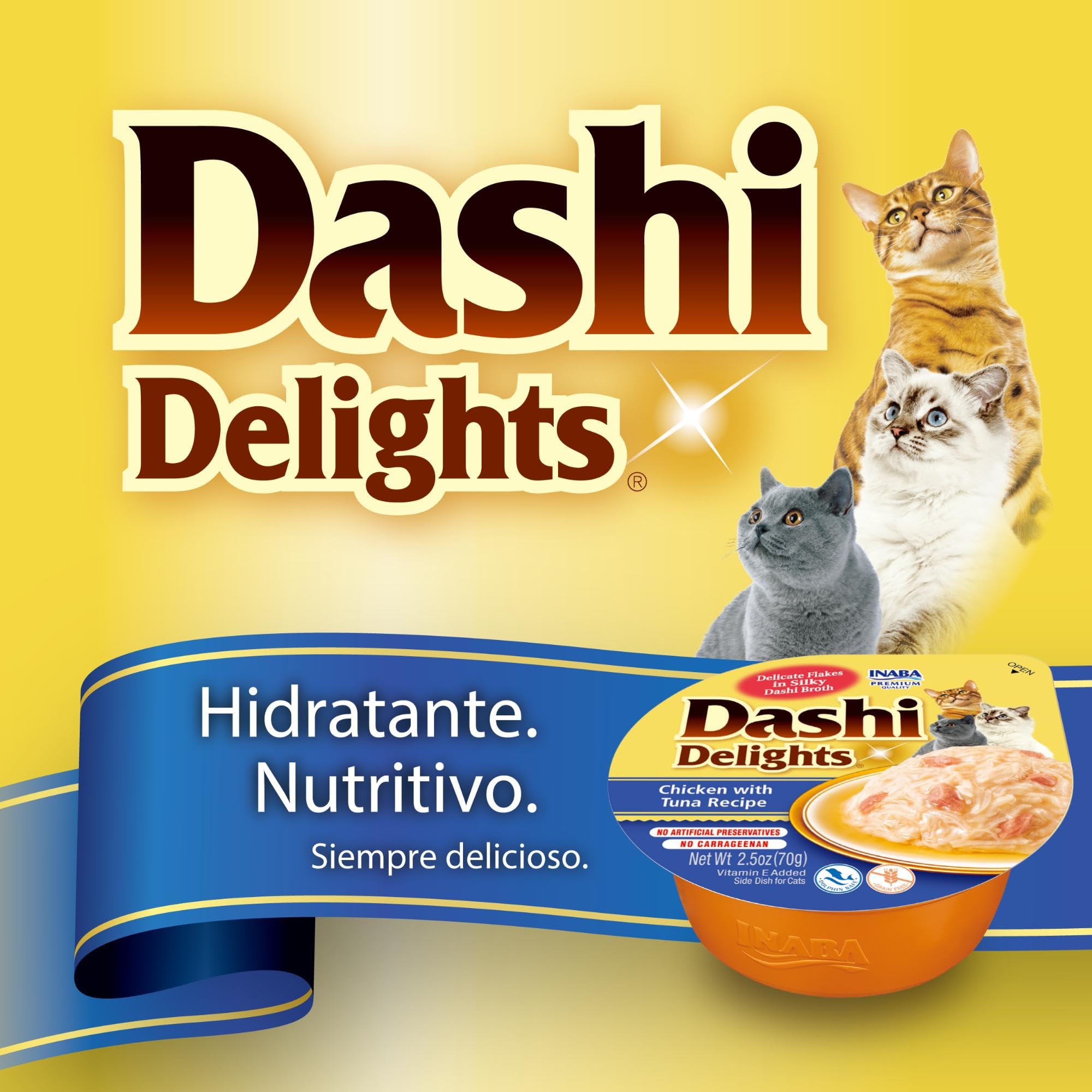 INABA Dashi Delights - Trozos en un Caldo de Copos de Bonito con Pollo - Topping - Alto Contenido en proteínas - Ingredientes Naturales - Comida para Gatos - 70 g