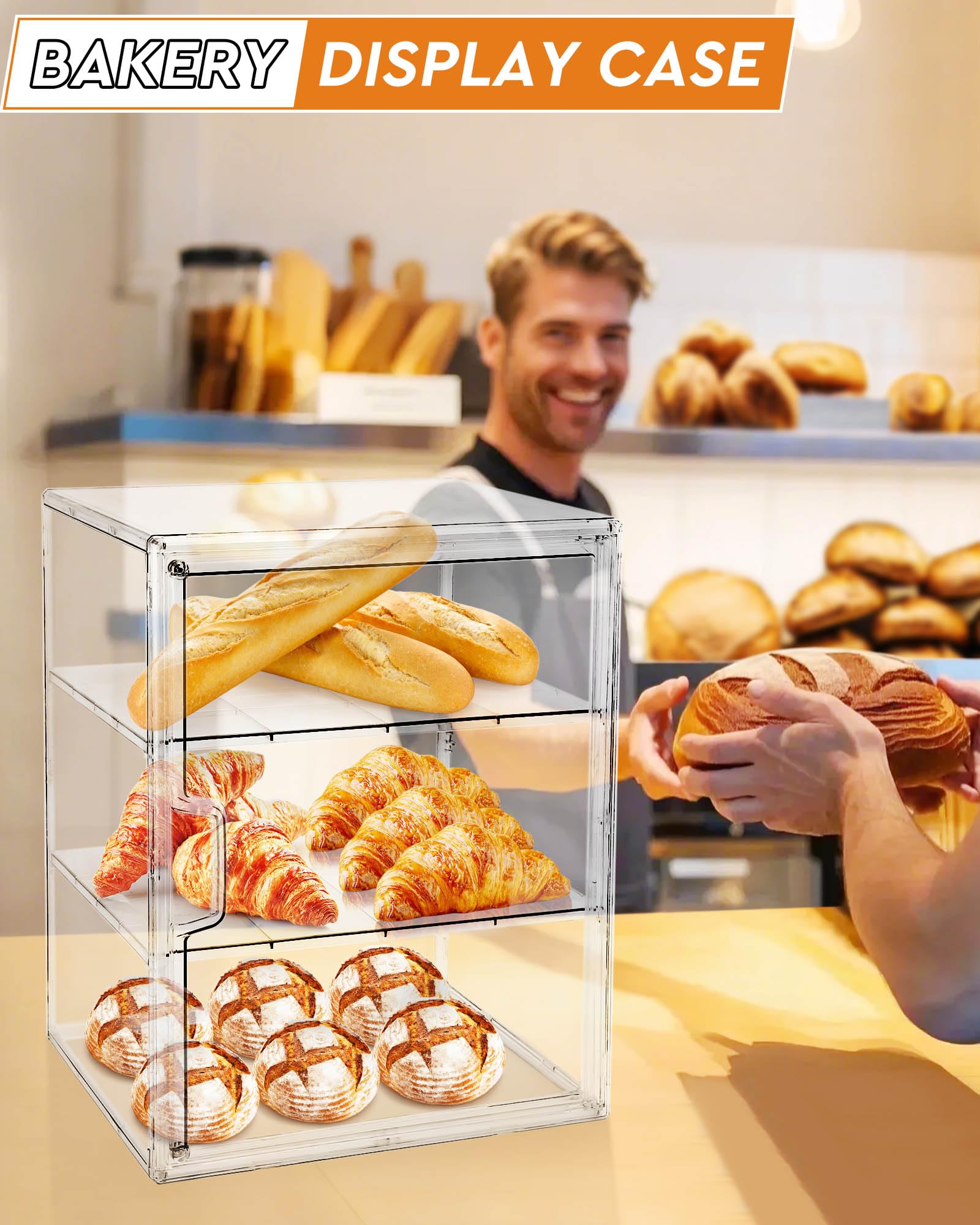 MEI NIAN Vitrina de pastelería, panera para encimera de cocina, caja de pan ajustable de 4 capas, caja de pan de gran capacidad para panes caseros, magdalenas, contenedor de almacenamiento de bagel