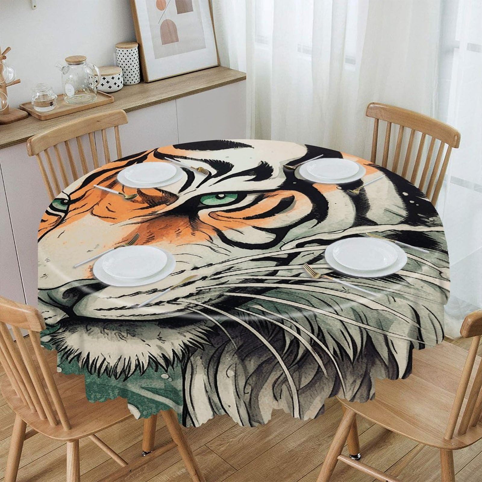 VstaDank A Hand Drawn Tiger Round Tablecloth 60 Inch Easy to Clean Circle Table Cover Thick Decorative Round Polyester Table Cloth for Dining Kitchen Party Farmhouse Outdoor