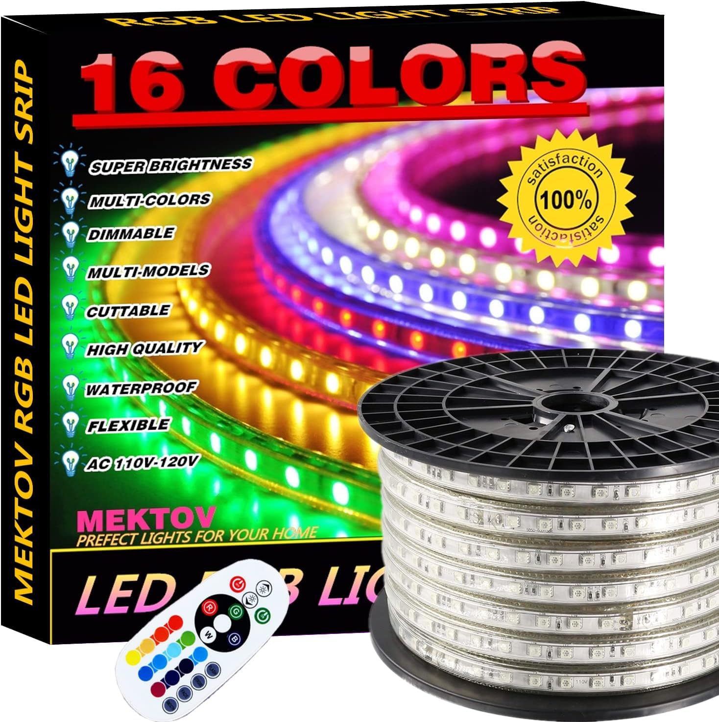 SYMHMT 5050 RGB LED Strip Lights AC 110V Home Decoration Multi-Colors/Dimmable/Multi-Modes/Waterproof/Flexible LED Rope Light with Remote (98.4ft/30m)