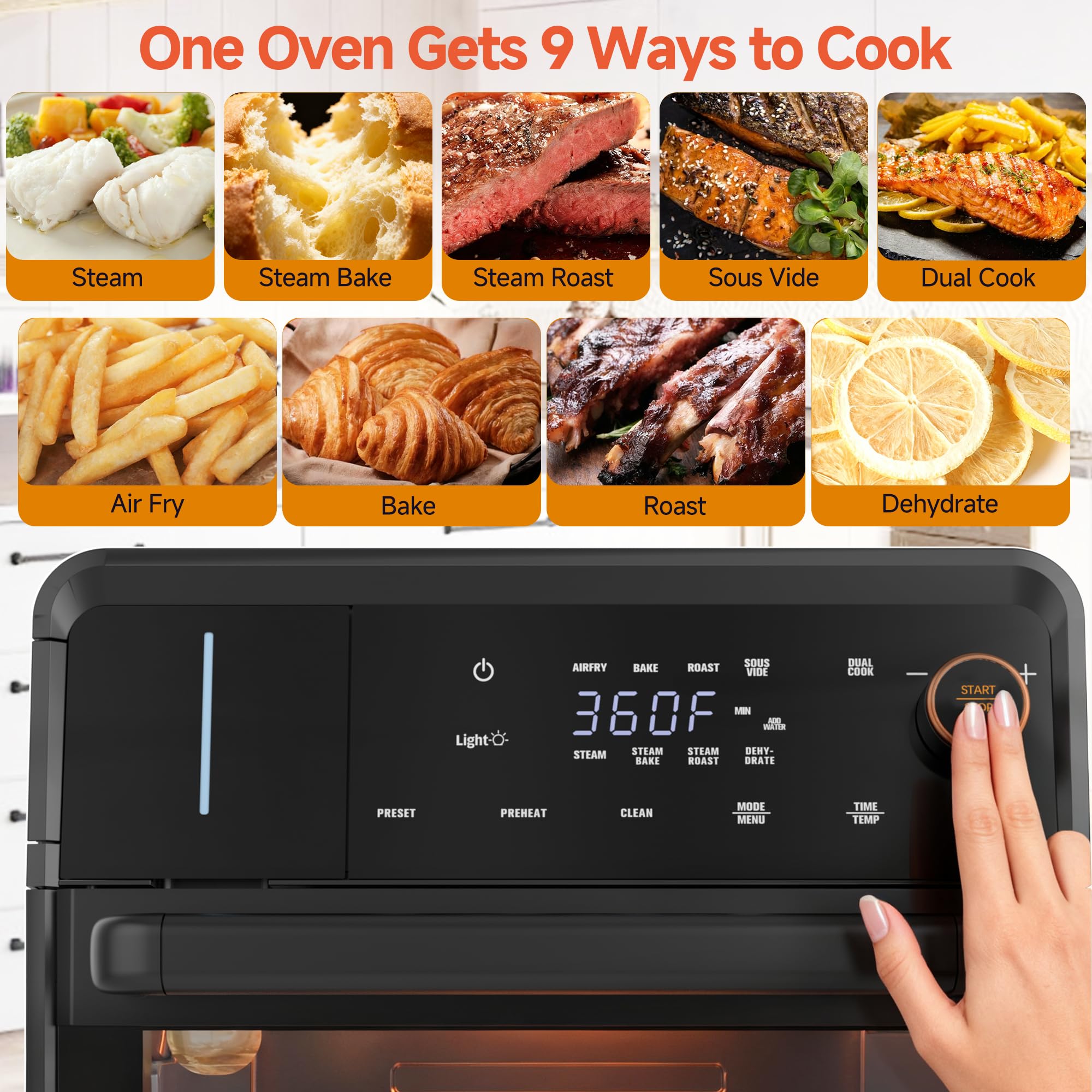 OUNIN Steam Oven 18L, 11-in-1 Air Fryer Oven with Steam Infusion, Dual Cook, Bake, Roast, Dehydrate & Self-Cleaning, 360° Even Heating, Easy to Use, Stainless Steel Inner, Space-saving Design - 4
