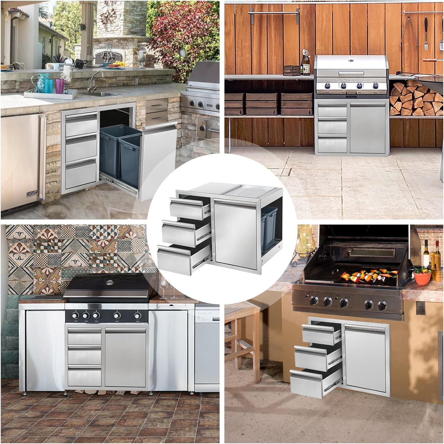Outdoor Kitchen Drawer Combo Stainless Steel Outdoor Triple Drawers with Trash Bin Compartment & Dual Trash Cans, 28" W x 22" H x 19.5" D Outdoor Kichen Cabinet for Grill Station