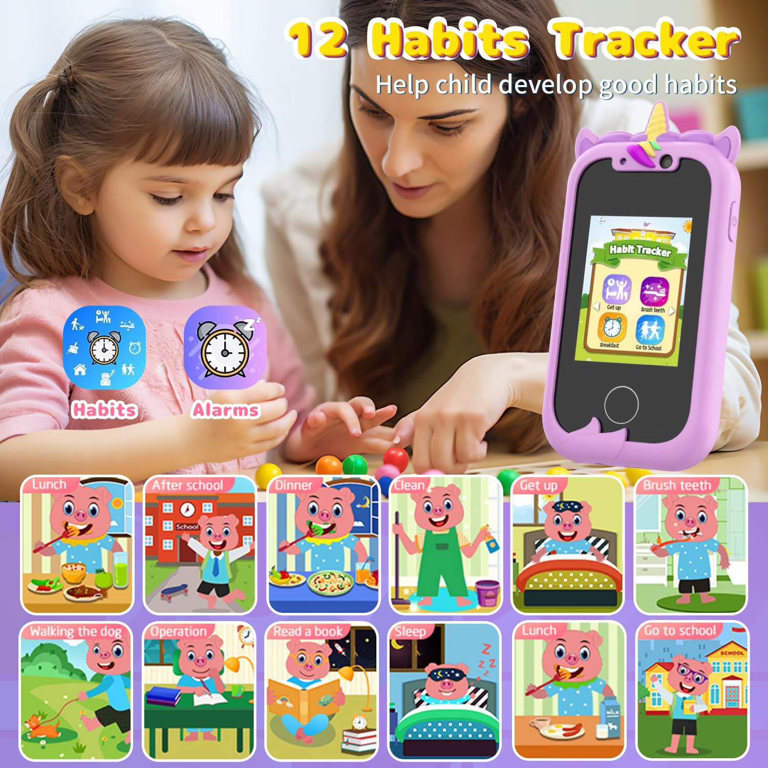Telephone Portable pour Enfants, Ashfly Smartphone Portable 2 3 4 5 6 7 8 9 10 11 12 Ans,Téléphone Licornes, Smartphone avec Musique Podomètre Alarme Caméra, Cadeau de Noël pour Enfant