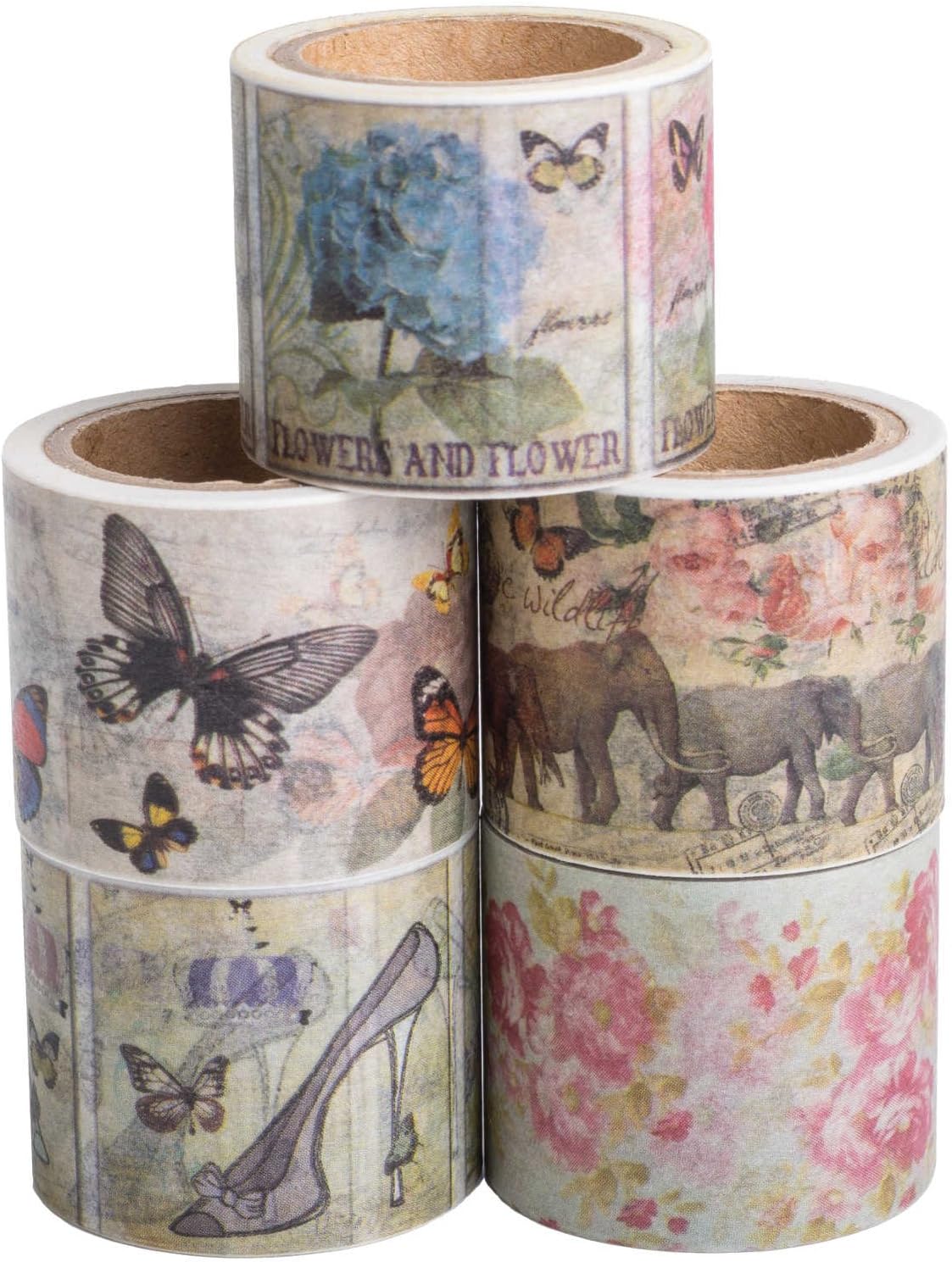 Antique Washi Tape Set (Japanese Masking Tape) by MIKOKA, 1.2 Inches Wide, 16.4 Feet Long, 5 Rolls - Amity