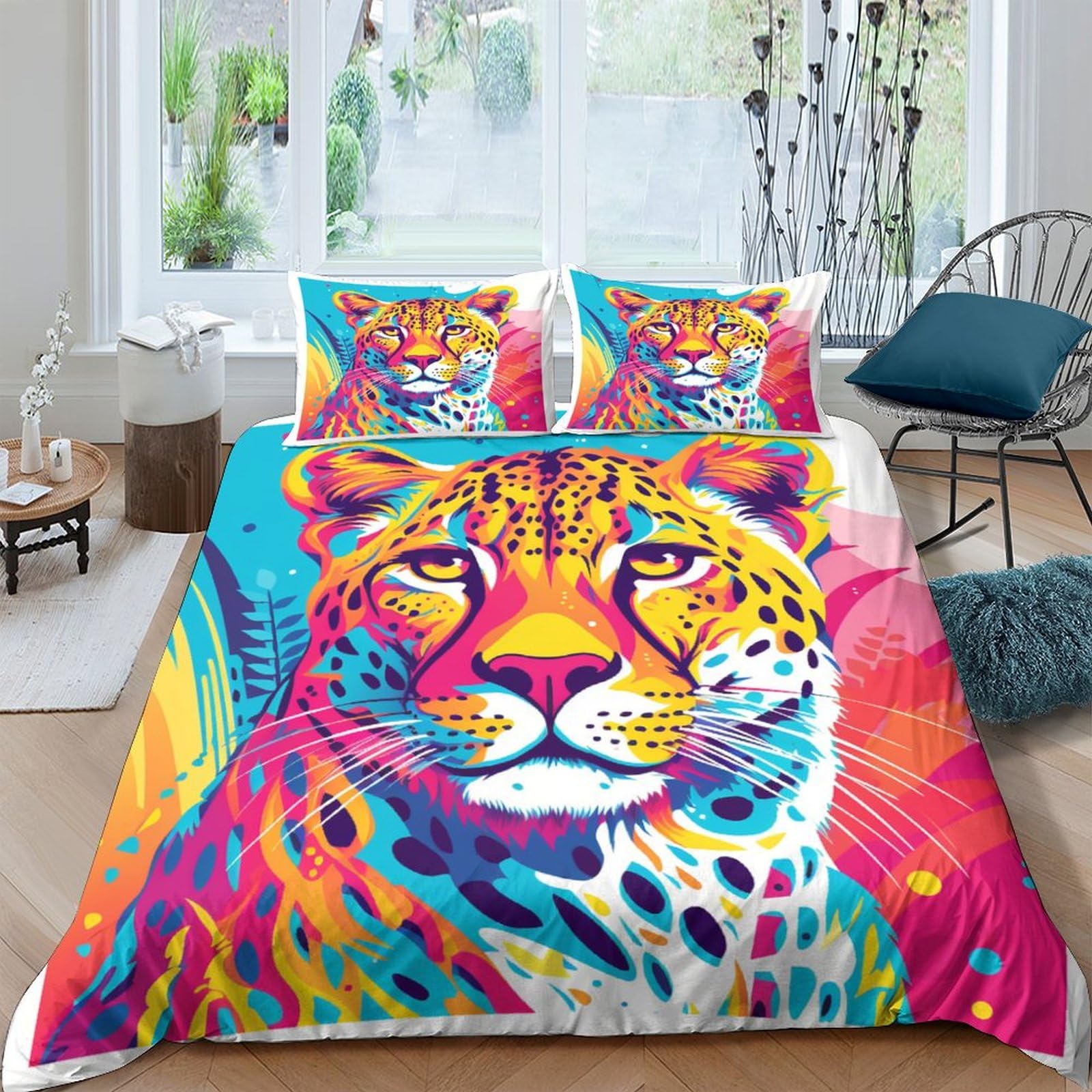 Housse de couette microfibre guépard 3D coloré 220x240 parure de lit avec taie d'oreiller