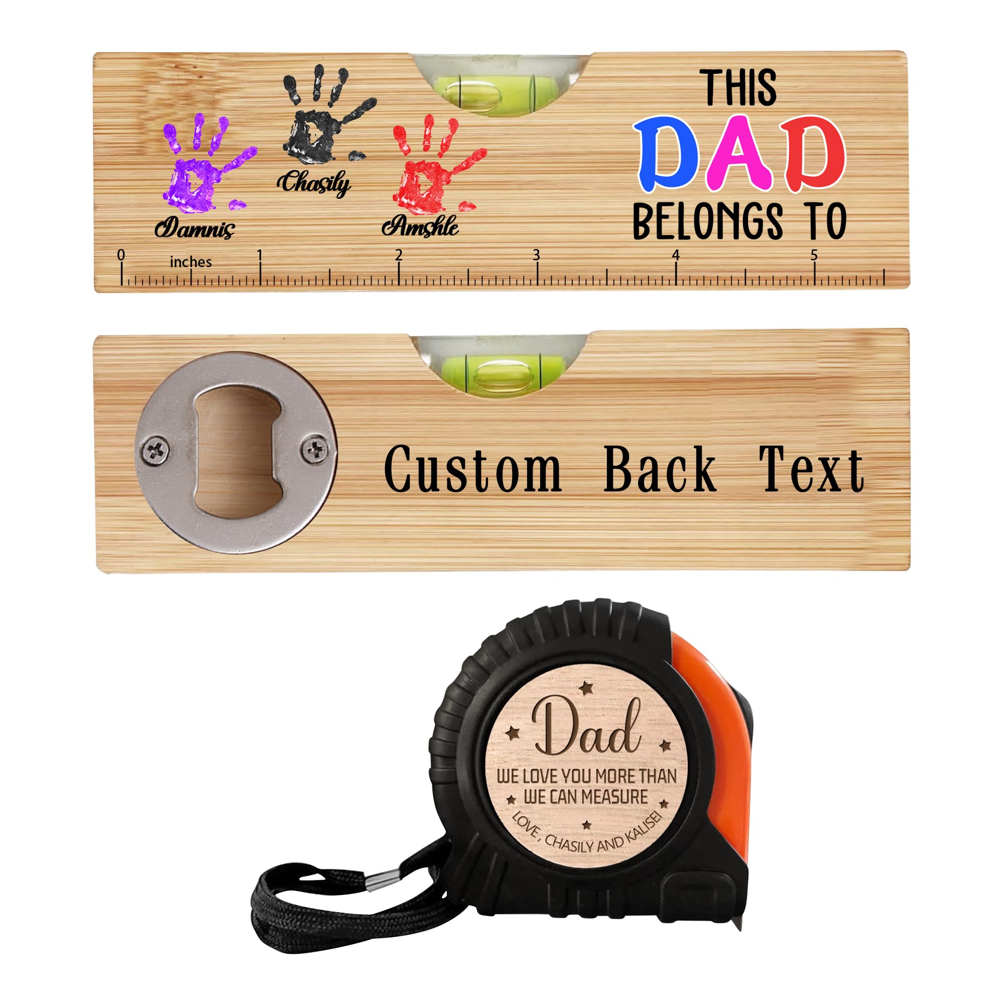 Personalized Bamboo Spirit Level Bottle Opener,Custom Engraved Tape Measure with Name,Father Day Gifts for Dad Grandpa Husband Beer Lovers
