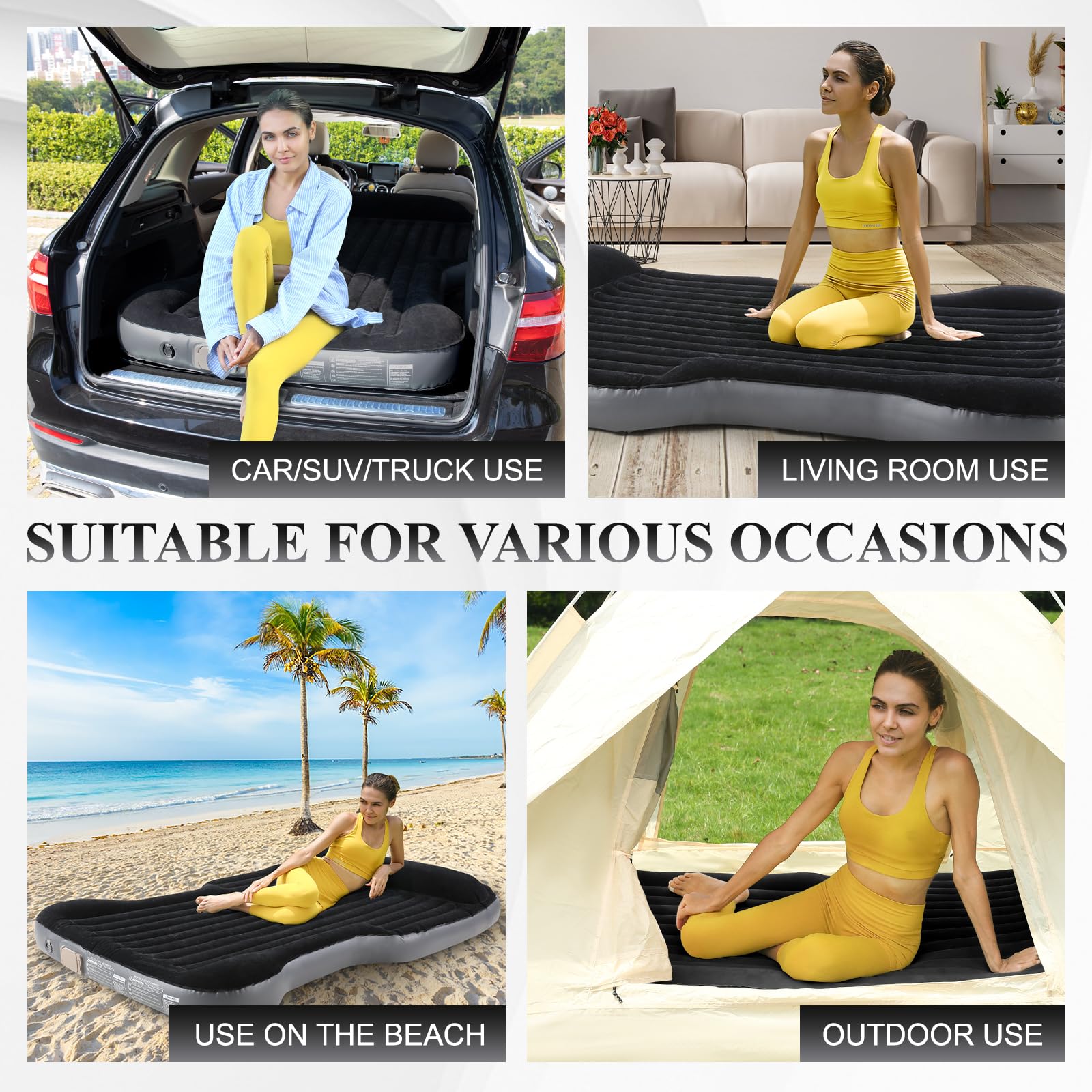 KMZ Aufblasbare SUV Luftmatratze mit integrierter Luftpumpe dickere Beflockung selbstaufblasbar tragbares Luftbett für SUV MPV Camping Outdoor schnelles Aufblasen und Entleeren (Schwarz)