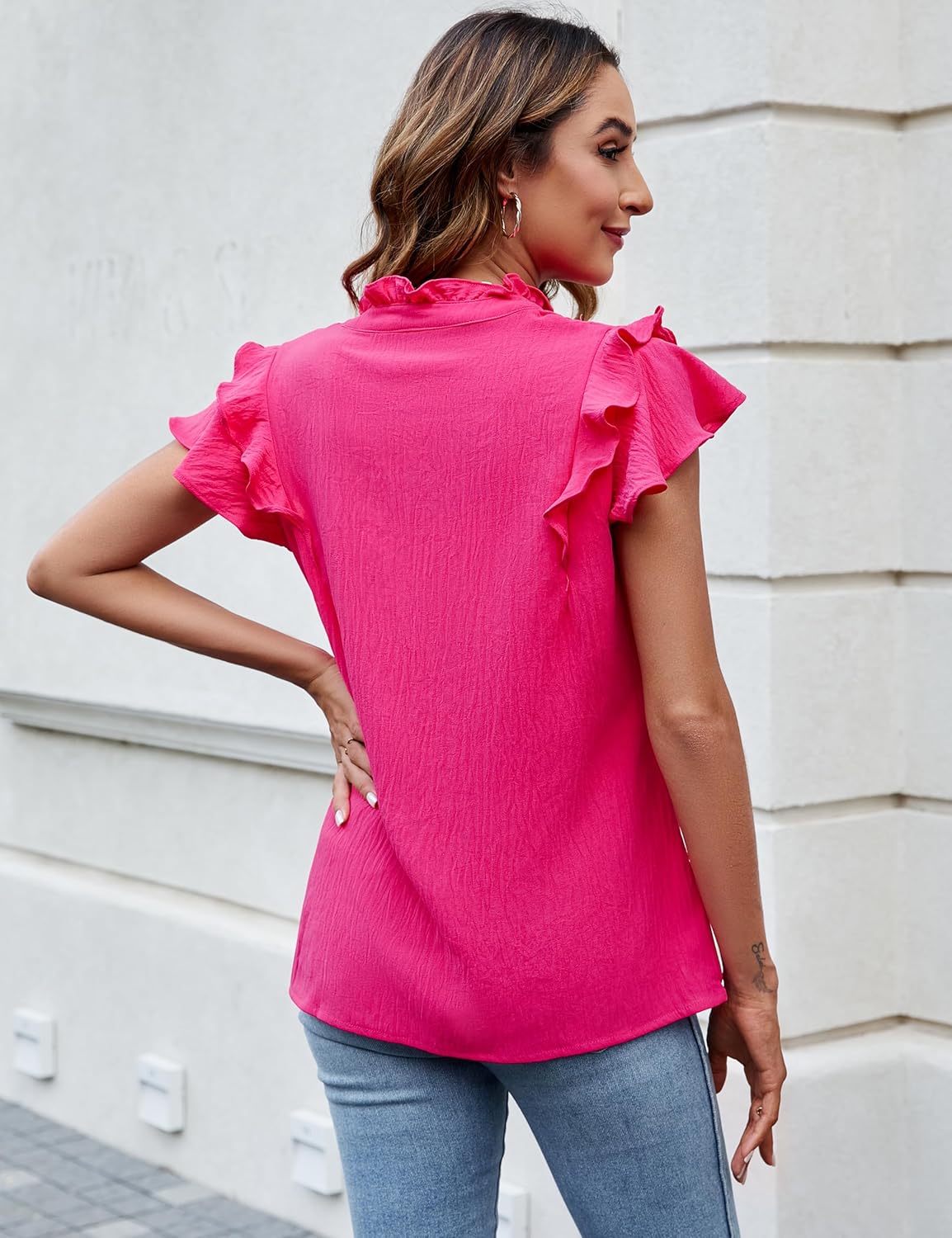 Blooming Jelly Womens Dressy Casual Tops Ruffle Short Sleeve V Neck Shirts Elegant Business Work Blouse - Image 3