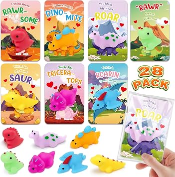 Valentines Day Cards for Kids School, 28 Pcs Cute Dinosaur Squeeze Toys with Kids Valentines Cards, Valentines Day Exchange Gifts for Kids, Ideal Valentines Party Favor Classroom Prizes