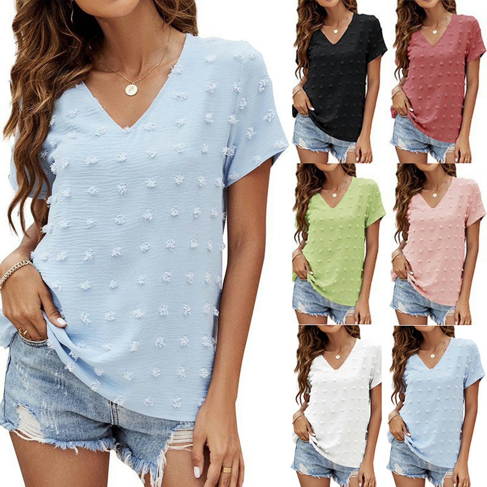Camicia a Maniche Corte in Chiffon con Scollo a V da Donna, Nuova Estate, Top a Maniche Corte - Azzurro - L