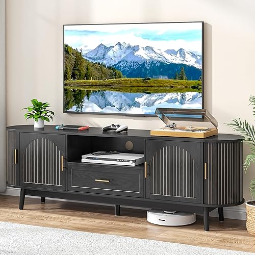 Miniatura 8 de Soporte de TV acanalado de 70 pulgadas para televisores de hasta 80 pulgadas, centro de entretenimiento moderno de mediados de siglo con cajones y