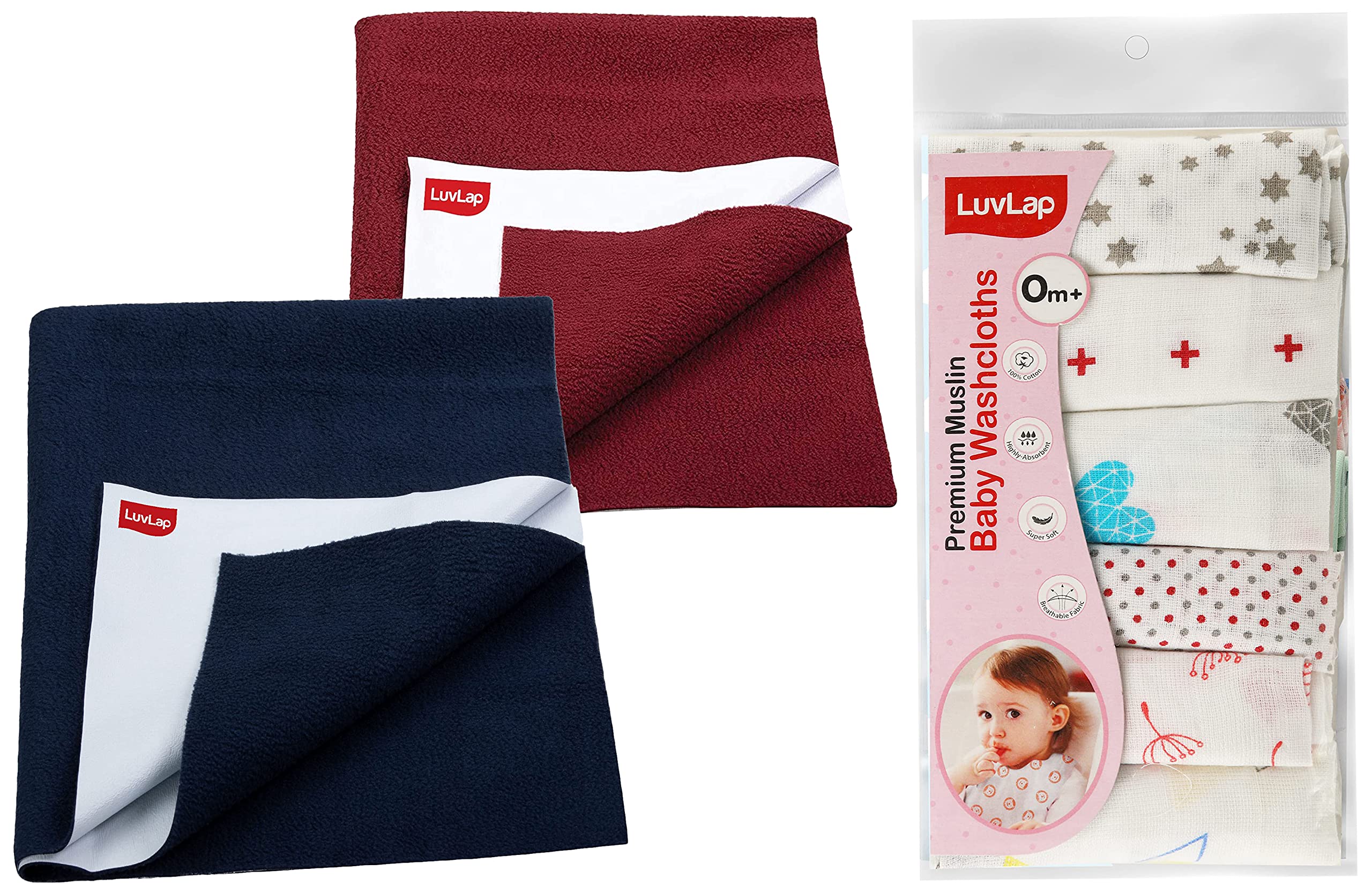 LuvLap Muslin Cotton Cloth Premium Baby Washcloth, Pack of 6 Pcs & Instadry Anti-Piling Fleece Extra Absorbent Quick Dry Sheet for Baby, Pack of 2, Maroon & Navy Blue
