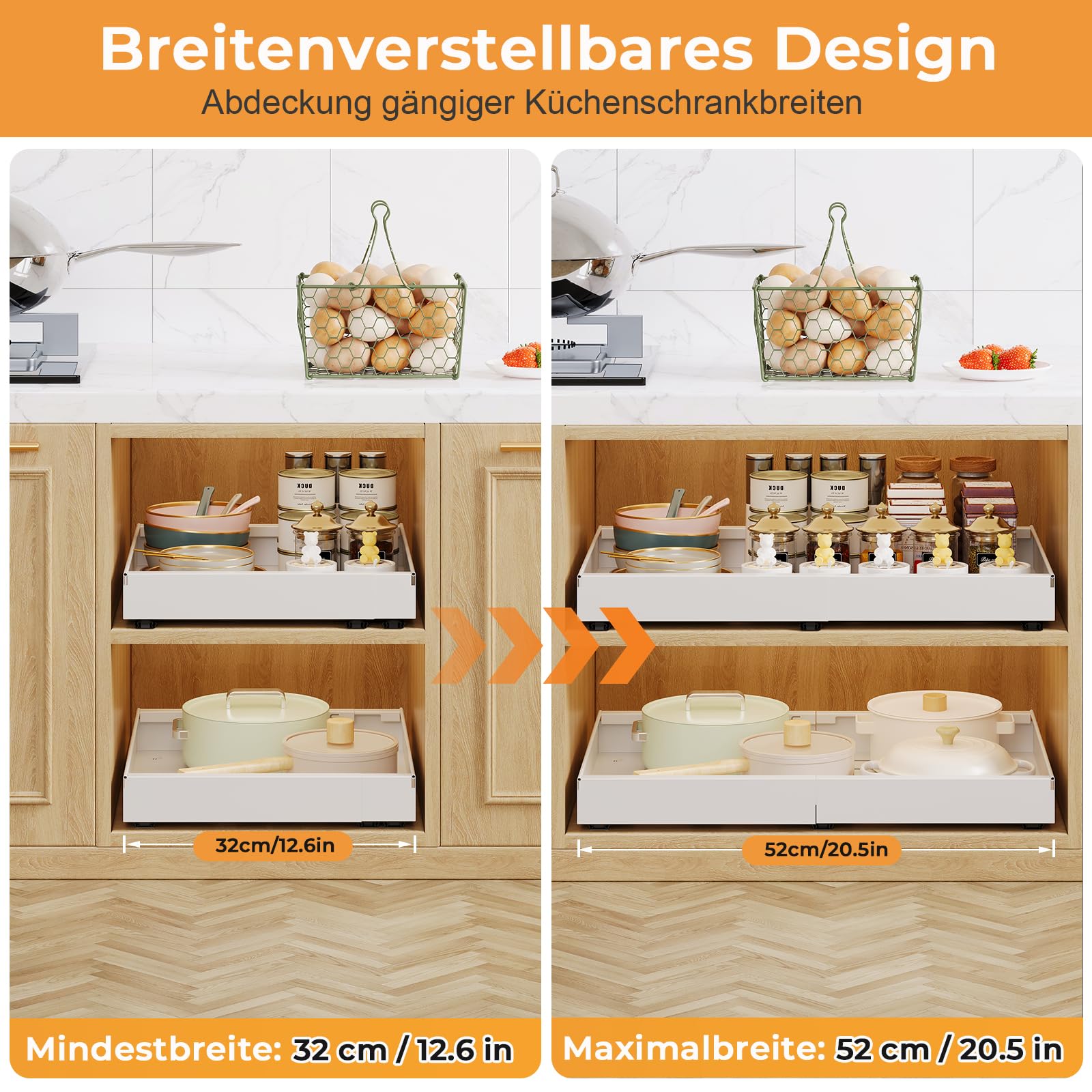 Teleskopschublade, Ausziehbare Schublade Küche Breite 32-52cm, Ausziehbarer Schrank Organizer mit Schienensystem, Stick Slide Out Auszug Küchenschrank für Küche Organisation, Weiß (4 Stück)