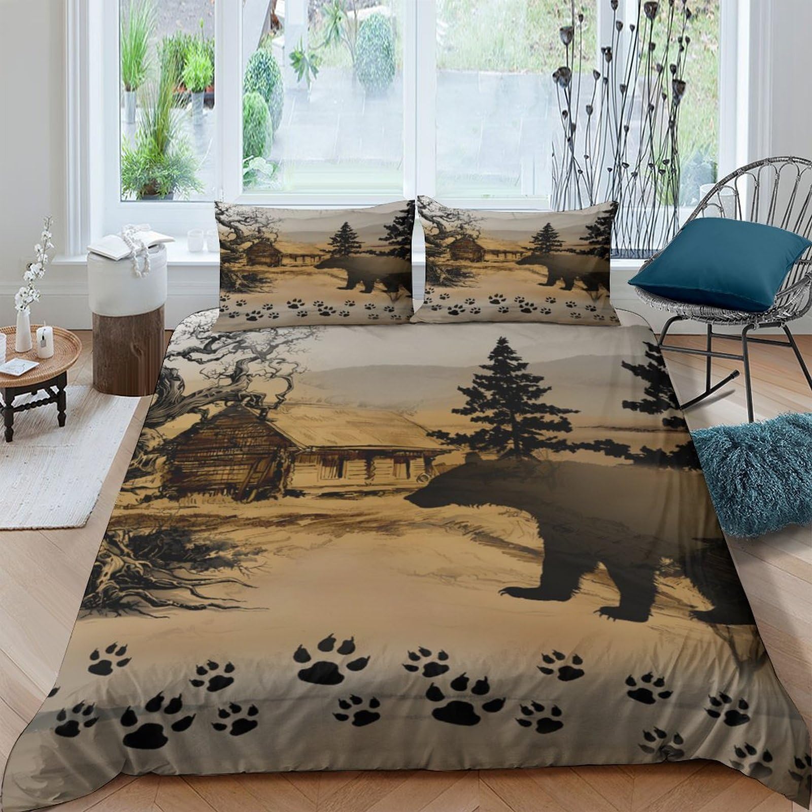 Ctjqhvkz Style-6 3D Printed Forest Bear Fitted Sheet Microfiber Soft Breathable Cabin Paw Mattress Cover For Bedroom Lodge Decor Single（135X200cm）