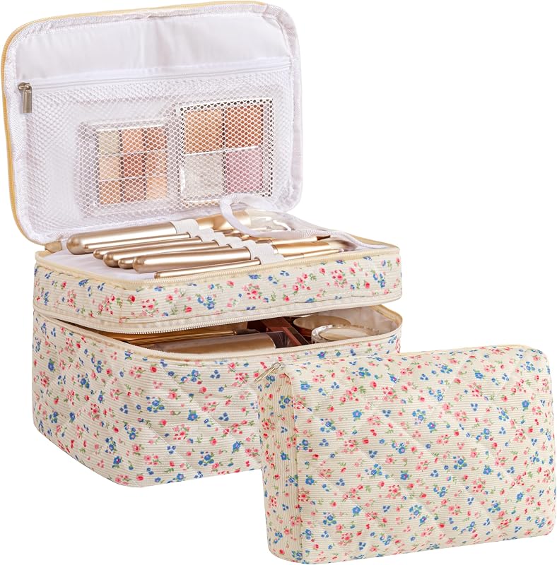HBselect 2 bolsas de maquiagem para viagem, estojos cosméticos acolchoados com estampa floral