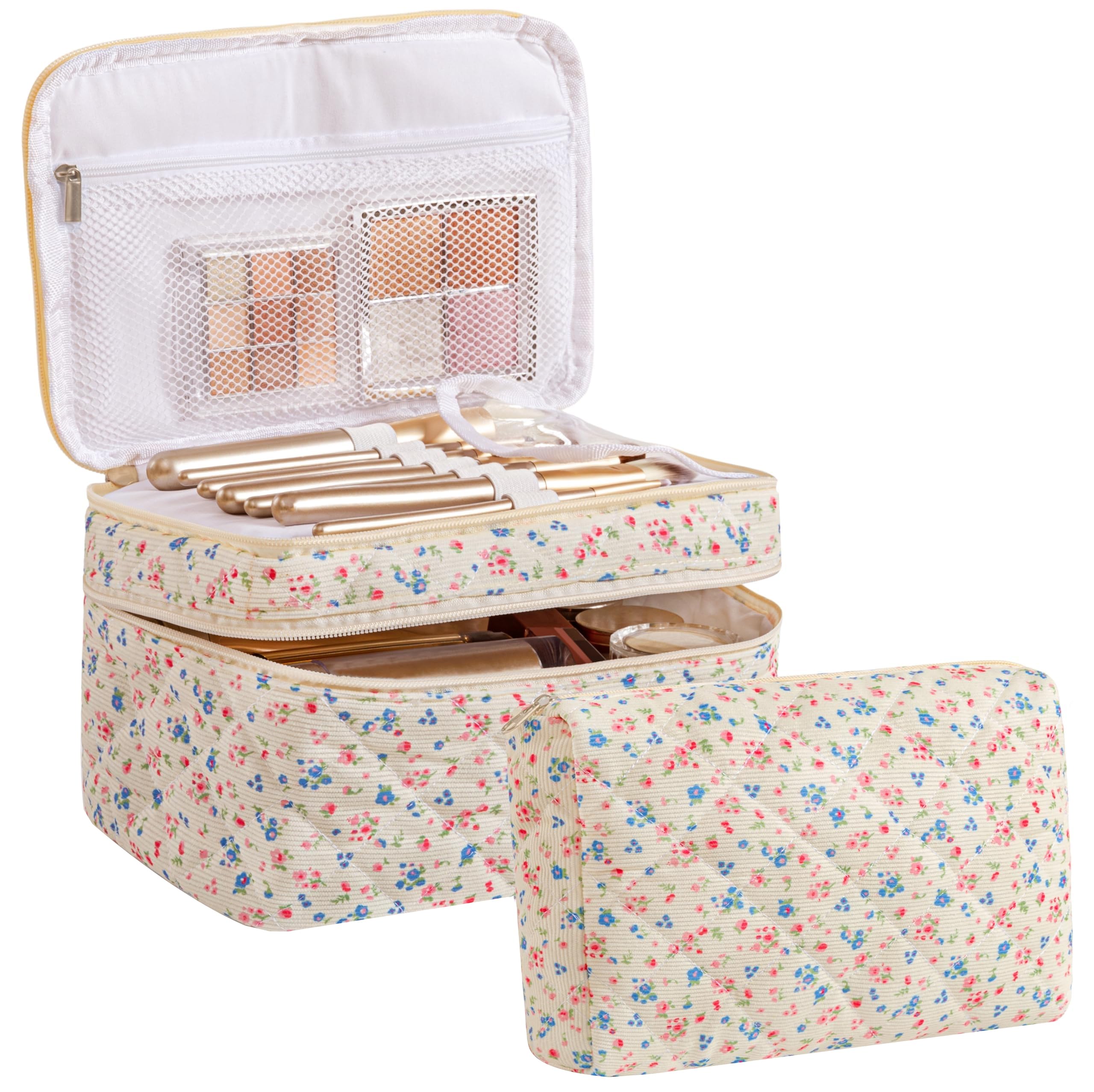 HBselect Reise-Make-up-Tasche, große Baumwolle, gesteppt, Make-up-Tasche, Kosmetiktasche, niedliche Make-up-Tasche, Kulturbeutel für Damen und Mädchen, 2 Stück, 2 x Blumen-3, 10.1 x 5.3 x 5.9 inches