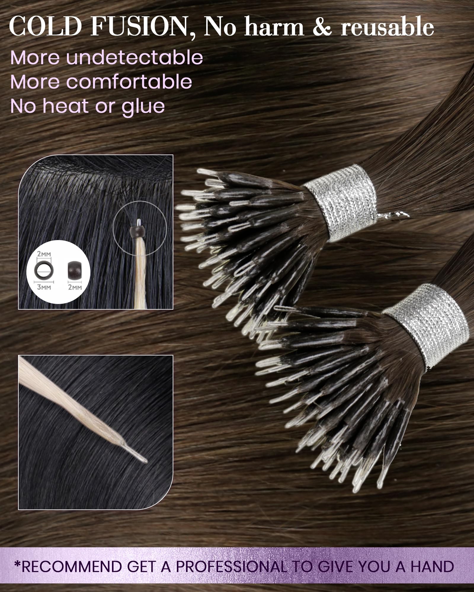 LaaVoo Nano Hair Extensions Real Human Hair 100g Full Head Nano Beads Hair Extensions Dark Brown Invisible Nano Ring Straight Remy Hair 100s 16 Inch #4 - Image 3