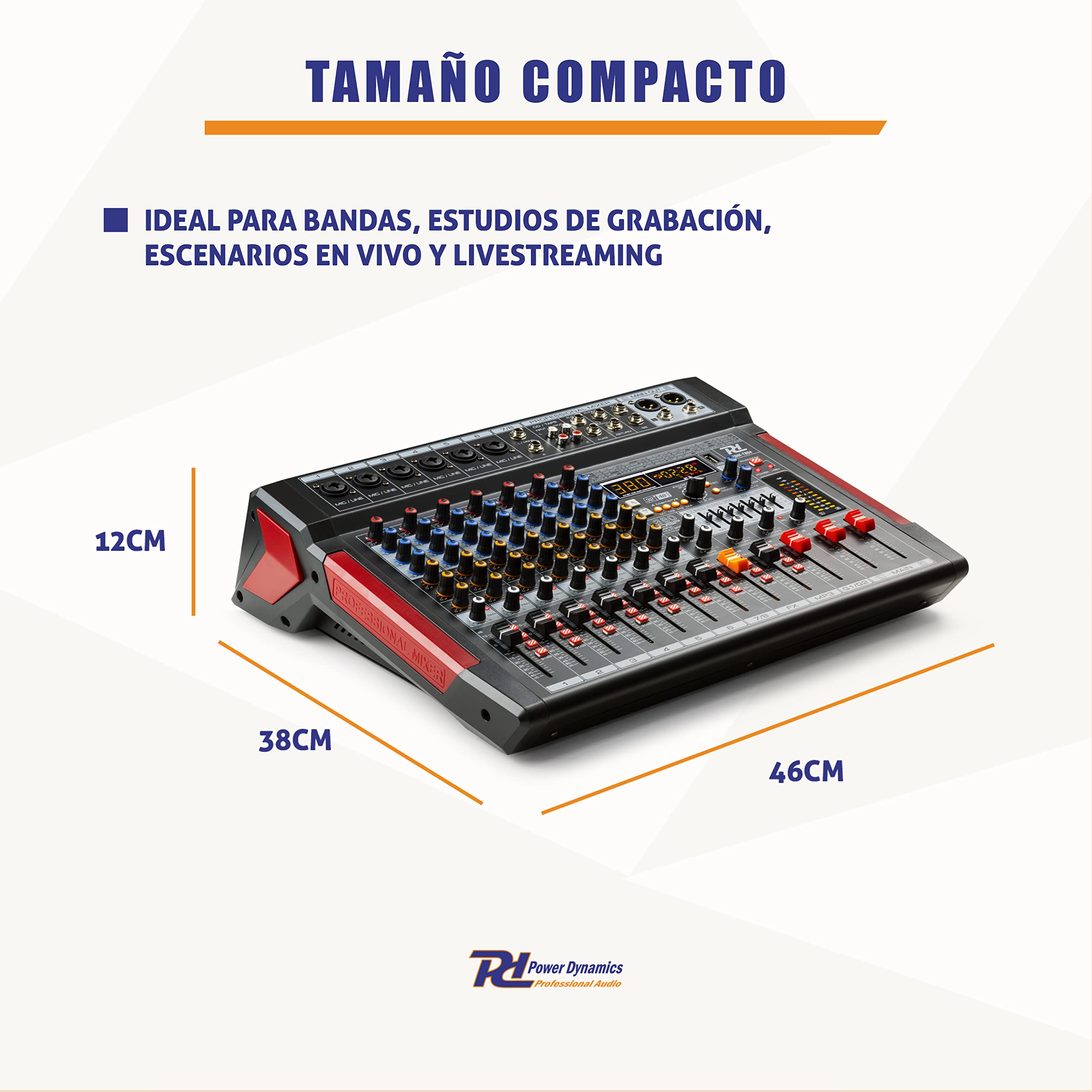 Power Dynamics PDM-T804 - Consola de mezclas de 8 canales con Bluetooth | Procesador DSP con 380 efectos, ecualizador gráfico de 7 bandas, interfaz de audio USB, para estudio de grabación
