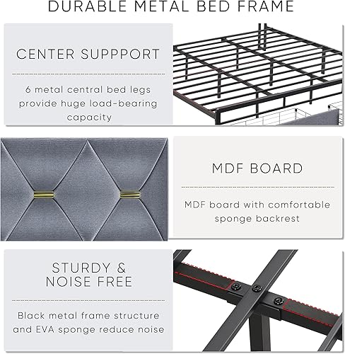 Miniatura 9 de Ailisite Base de cama King y cabecero con cajones de almacenamiento, plataforma tapizada gris tamaño King con cabecero y estación de carga tipo C,