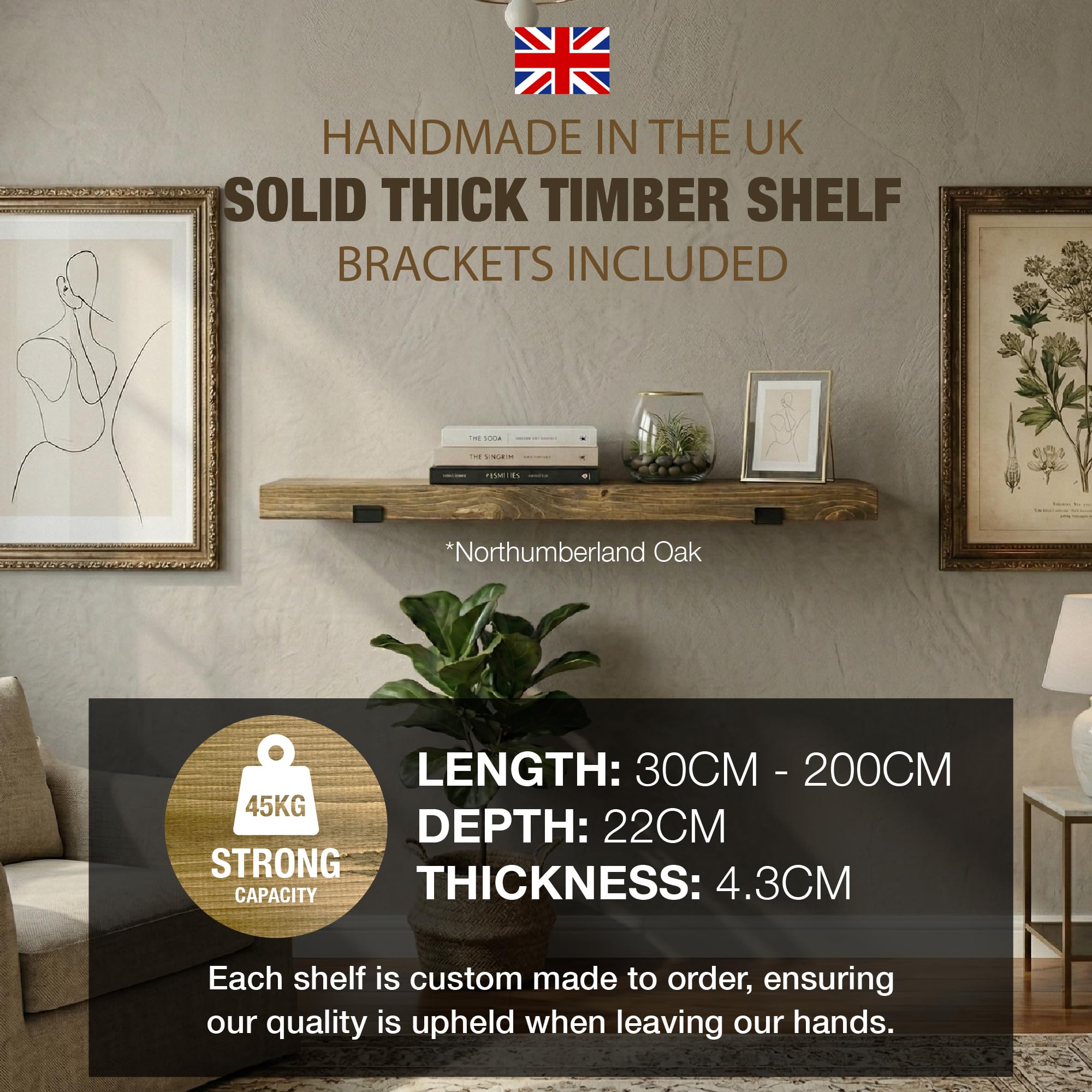 Top Notch Home & Living Handcrafted Rustic Wooden Wall Shelf, Incl 2 Up Brackets - Image 2