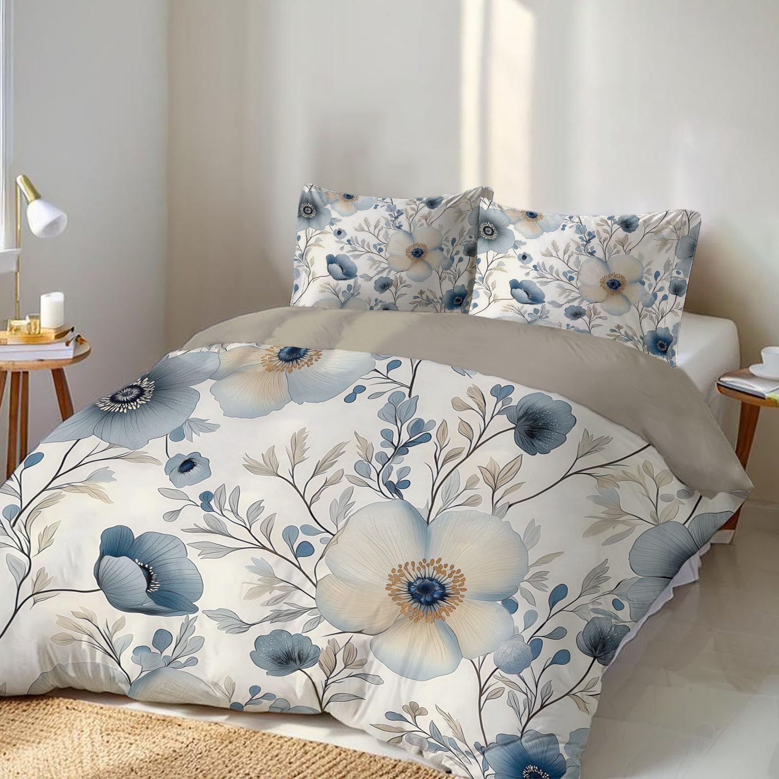 Juego de Funda Nórdica 150x220cm 3 Piezas para Cama, Anémona Microfibra de Poliéster Suave Transpirable Línea Arte, Incluido 1 Funda Edredón y 2 Fundas de Almohada, Marfil