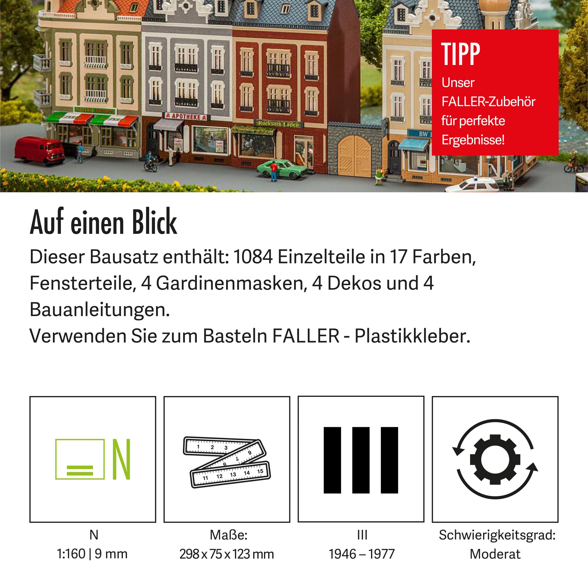 FALLER Stadthäuserzeile Beethovenstraße Modellbausatz mit 1084 Einzelteilen 298 x 75 x 123 mm I Modelleisenbahn Zubehör N I Modelleisenbahn N Stadt
