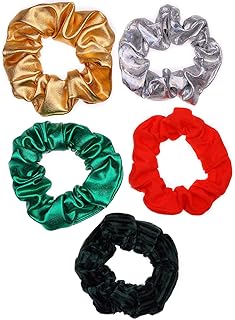 LUX ACCESSORIES Christmas Metallic Gold Silver Green Red Black Set of 5 Hair Ties Ponytails