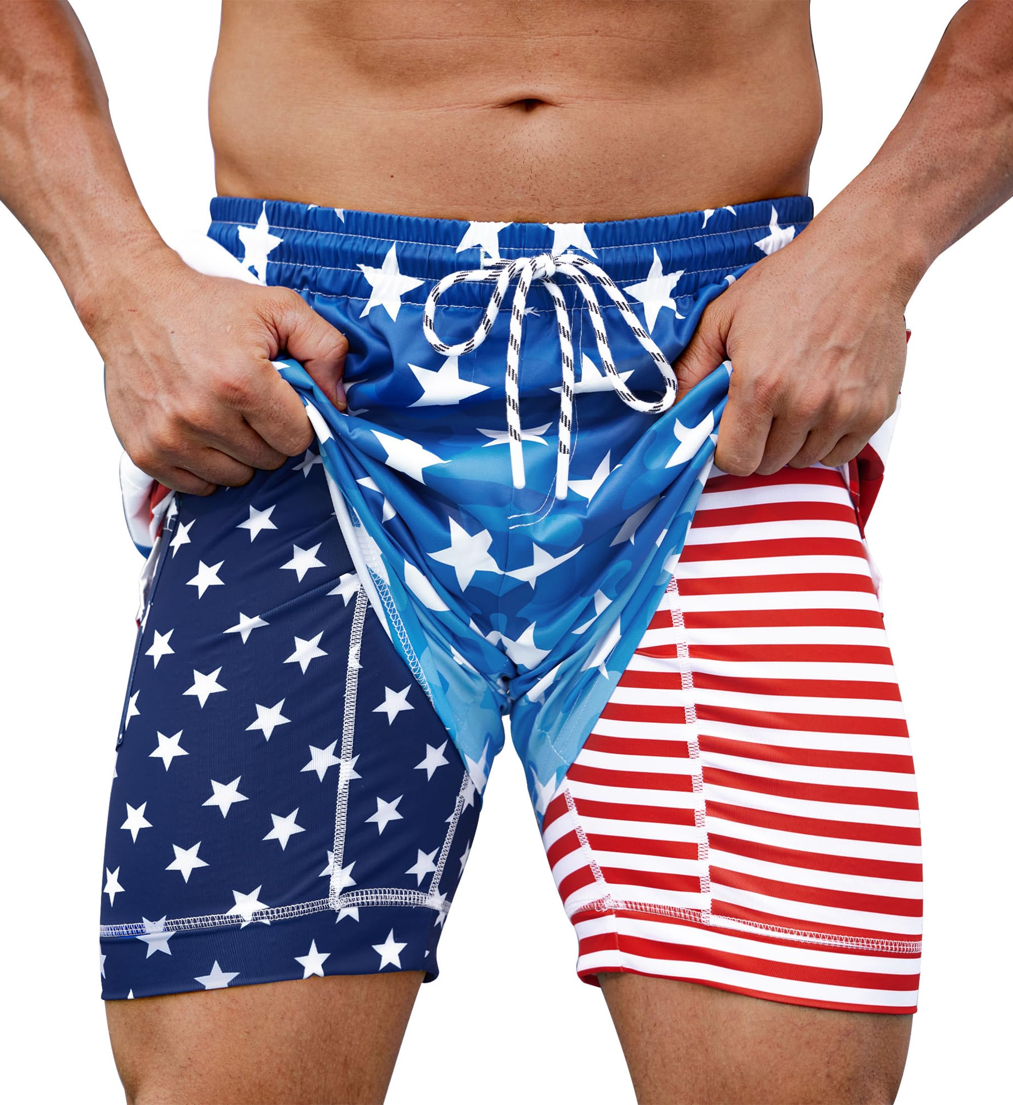 Mainfini Men's American Flag Swim Trunks 6" Inseam Board Short with Compression Liner (S-XXL)