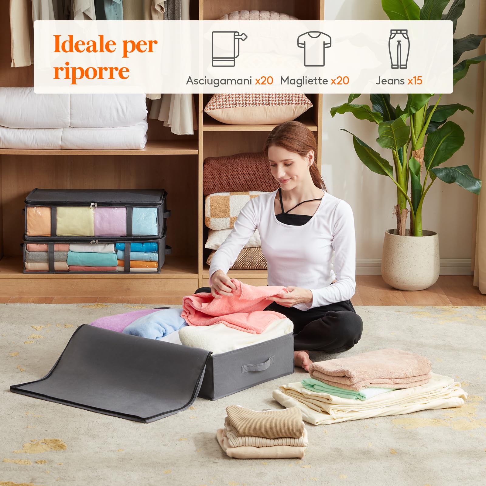Lifewit 40L Contenitori Sottoletto Confezione da 4, Scatole Pieghevoli Portavestiti con Finestra Frontale Trasparente, Organizer per Armadi e Contenitori per Asciugamani, Vestiti, Coperte, Grigio