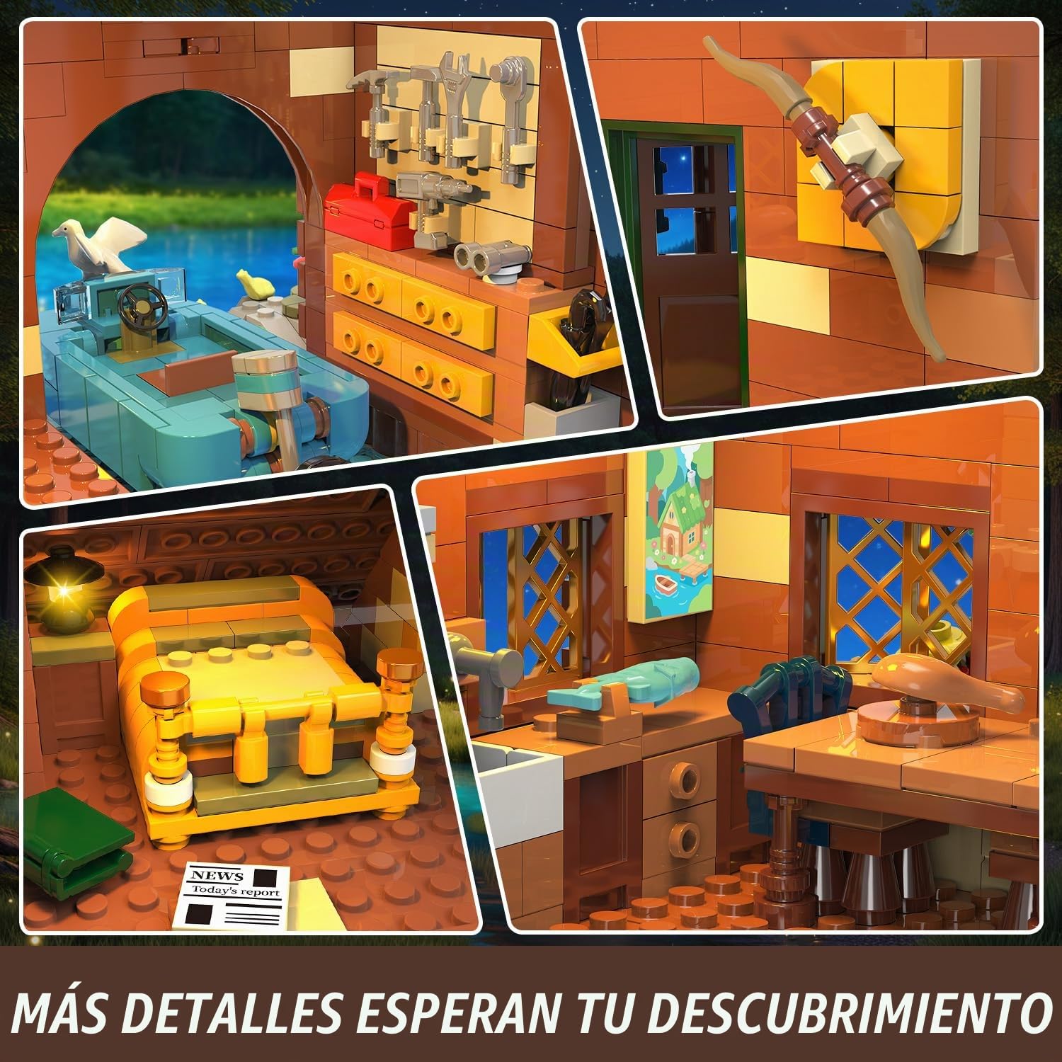 INSOON Juego de construcción de cabina de madera con luz LED, juguete de bloque de construcción de casa de bosque de madera con barco, bicicleta, estanque, animales, modelo de construcción de casa