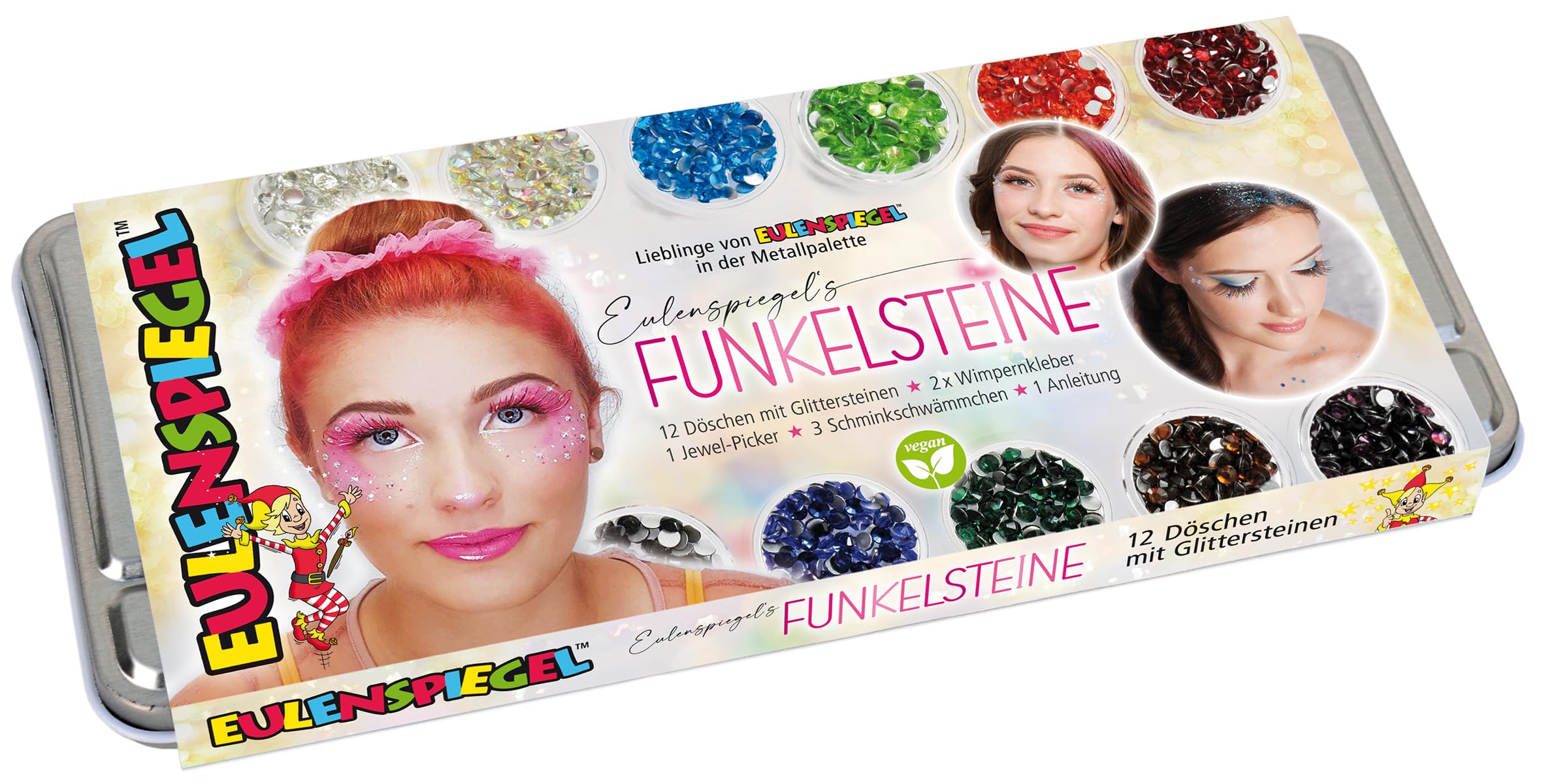 Eulenspiegel 212295 - Glitzersteine fürs Gesicht, Metallpallette, 12 x 2,5 g, inklusive Applikator, Wimpernkleber, Schwämmchen, für Festivals, Karneval