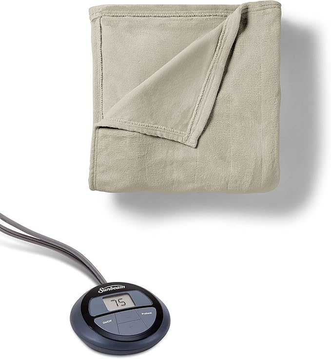 Sunbeam Microplush Heated Blanket, Oatmeal, Full/Queen, 90" x 84", with ComfortTech Controller