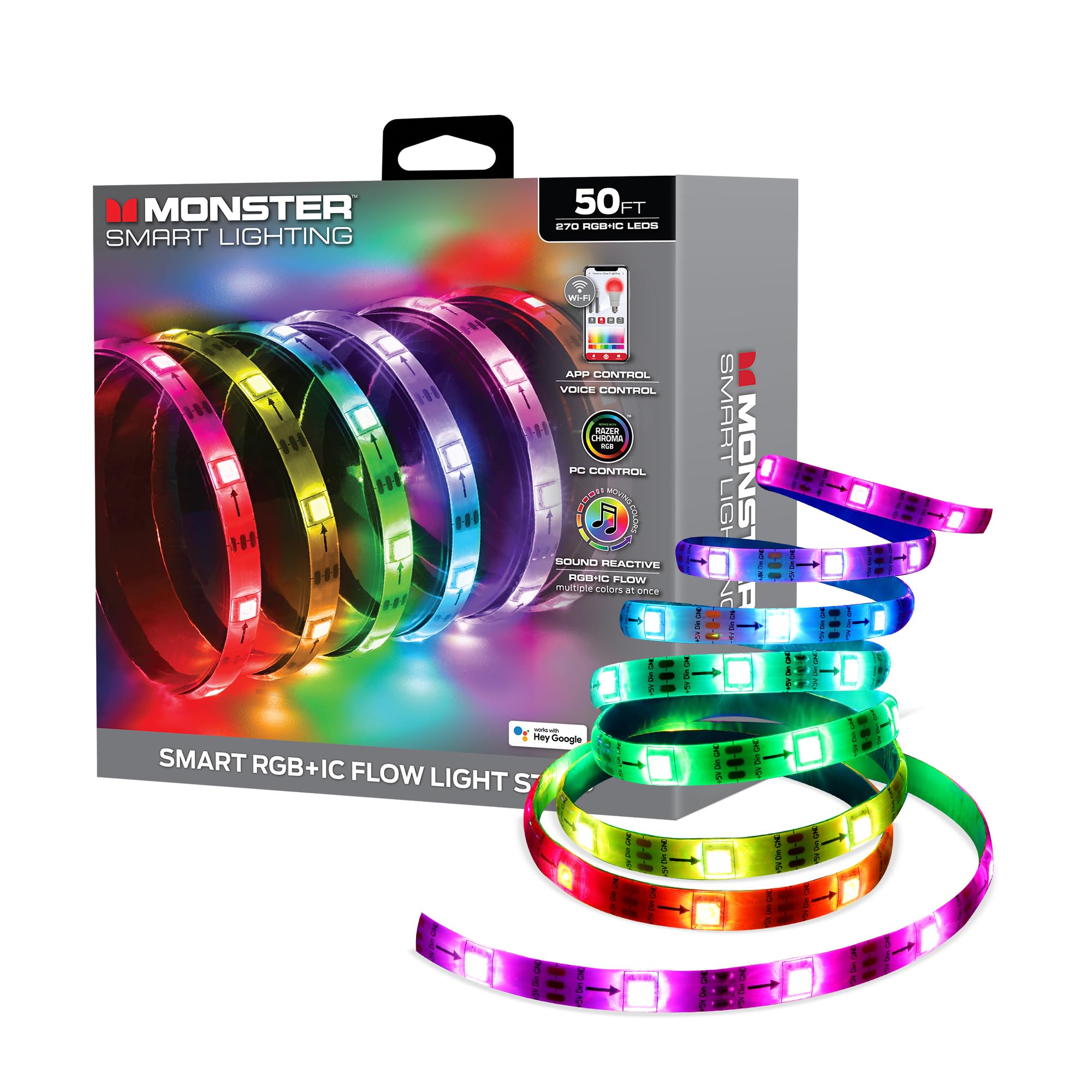 Monster Smart RGB+IC LED Strip Lights 50ft – Sound Reactive Strip Lights for Bedroom, App & Voice Control, RGB Light Strip for Room, Alexa Google Home, Razer Chroma Sync - 270 RGB+IC LED Lights