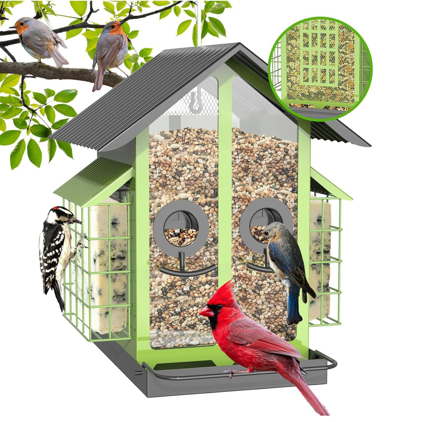 Comederos De Pájaros Al Aire Libre,Comederos De Aves Silvestres De Metal | Con Doble Techo | Accesorios Para Alimentación E Hidratación Pájaros Para Árbol Cercado Terraza Jardín Balcón