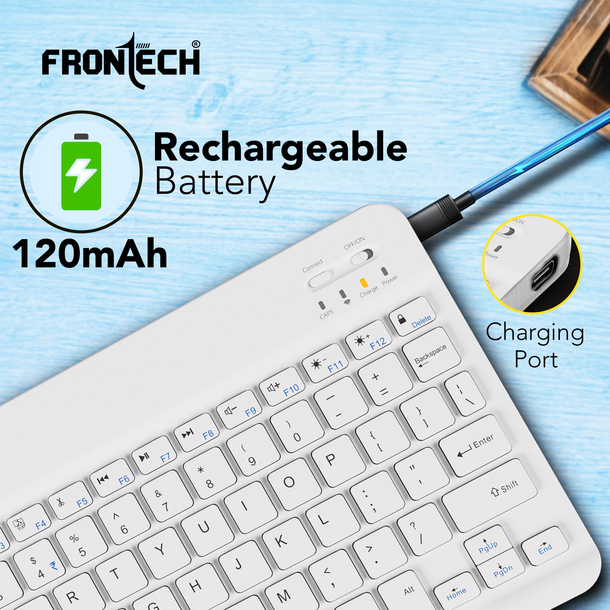 FRONTECH Wireless Mini Keyboard - 78 Keys, Bluetooth Connectivity, Rechargeable, Ultra Slim, Compact Design 1 Year Warranty (FT-1603AW) — Amazon image 4